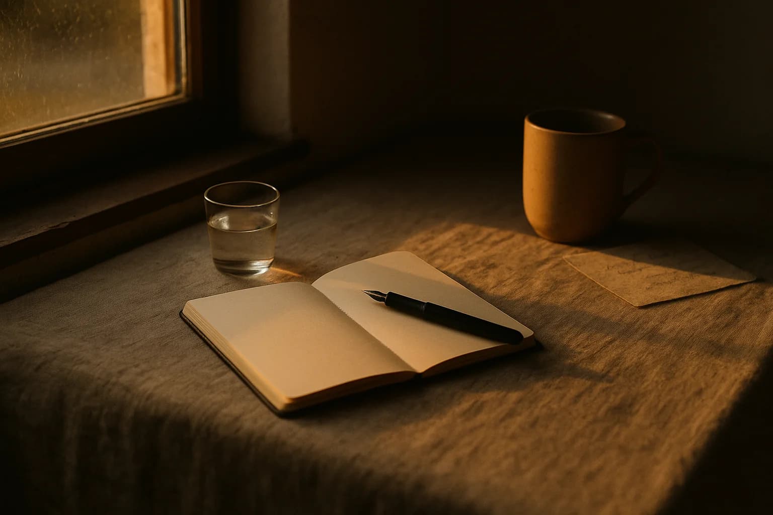 Petit carnet ouvert et stylo posés sur une nappe de lin, avec un verre d'eau, lumière de fin de journée
