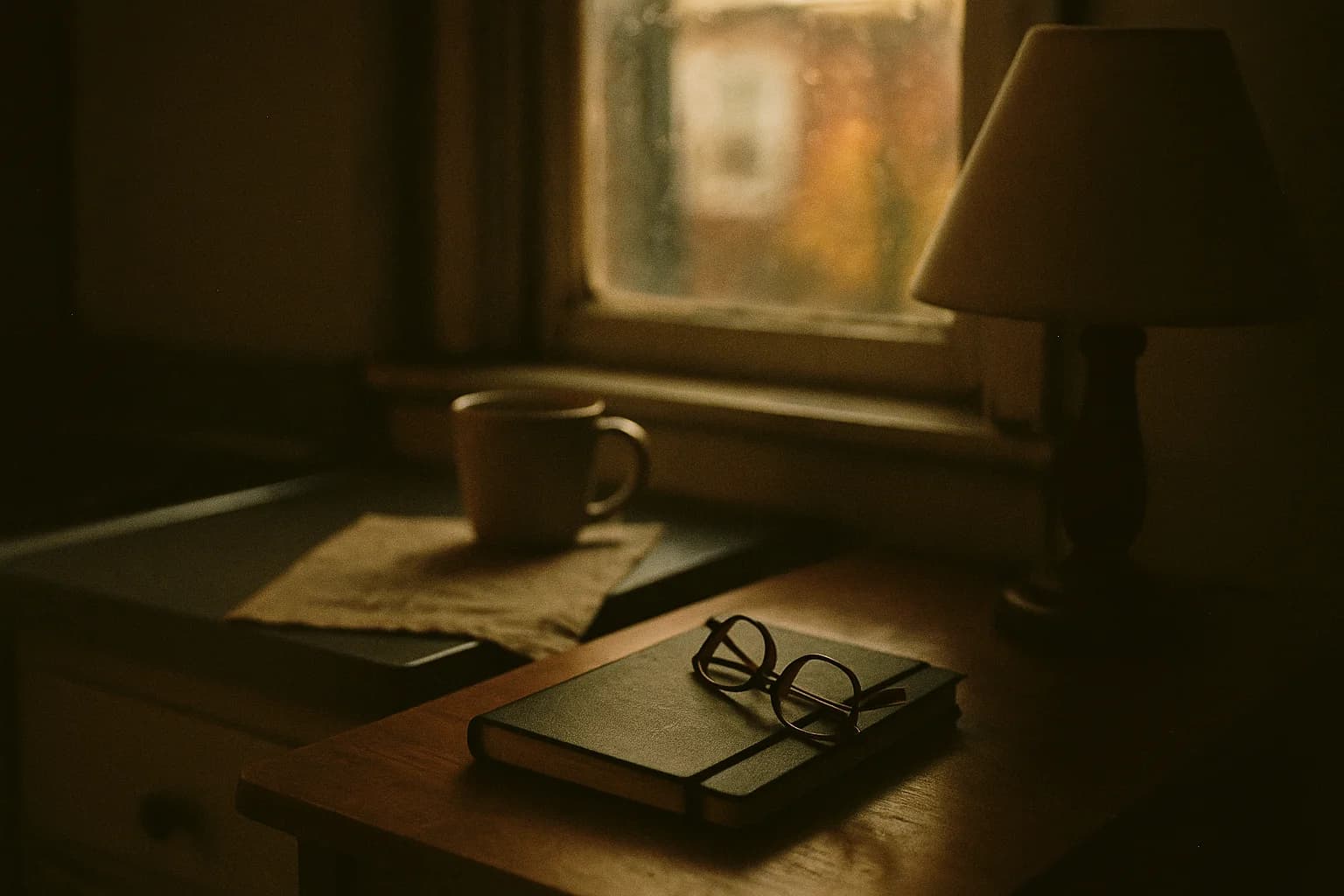 Carnet fermé et lunettes posés sur une table de chevet à côté d'une lampe éteinte, lumière du soir