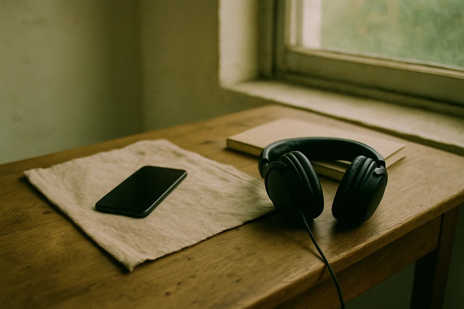 Smartphone posé face contre une nappe en lin à côté d’un casque audio et d’un carnet fermé, sur une table en bois au matin