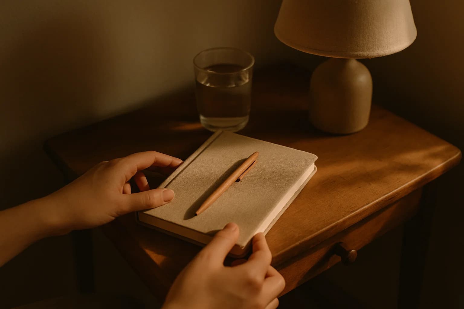 Carnet de bilan du soir fermé et stylo posés sur un drap de lit froissé au crépuscule, près d'un verre d'eau à moitié vide