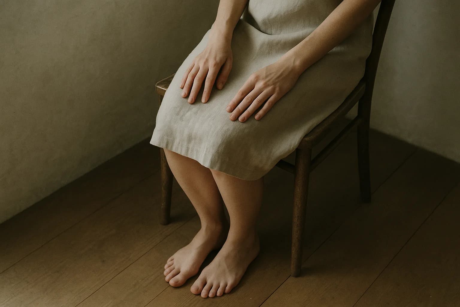 Deux mains posées à plat sur les cuisses d’une personne assise sur une chaise en bois, pieds nus au sol, lumière douce du matin : la sensation de poids comme ancrage au corps