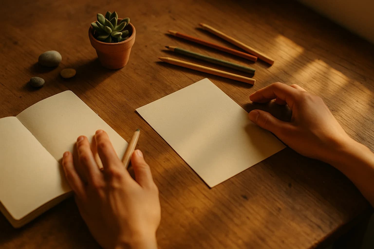 Carnet à spirale ouvert sur une table en bois avec un crayon posé en travers, lumière du matin et ombre de stores sur la page blanche, créativité et comptage du souffle