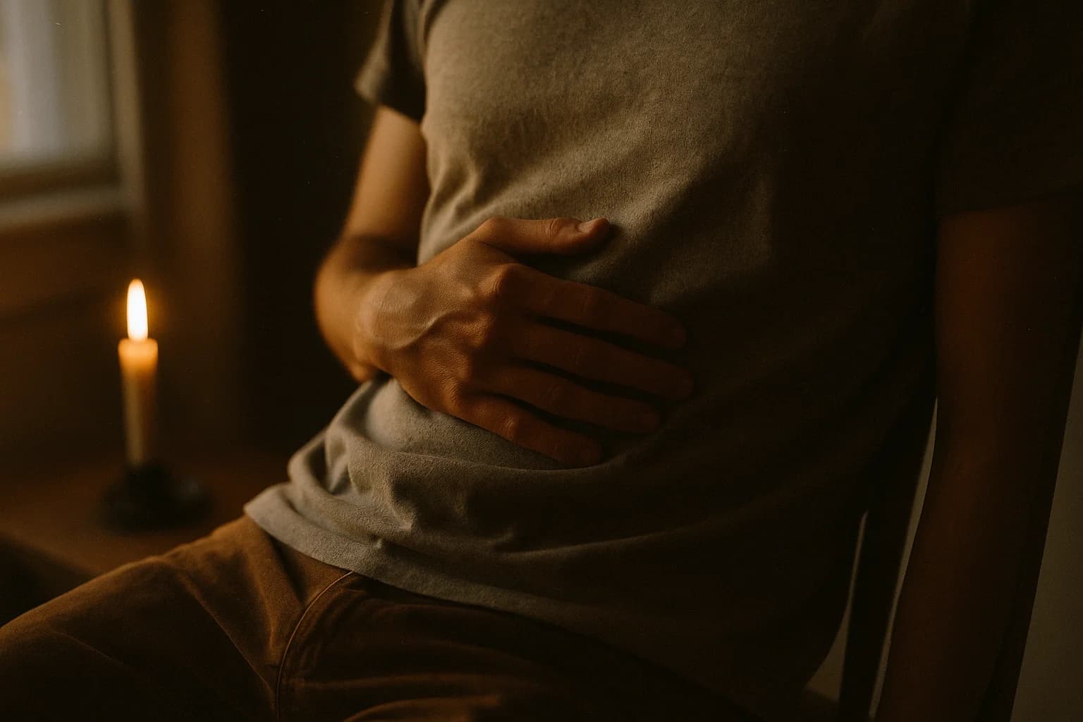 A hand resting flat on the upper belly, where the solar plexus chakra sits, over a grey cotton t-shirt