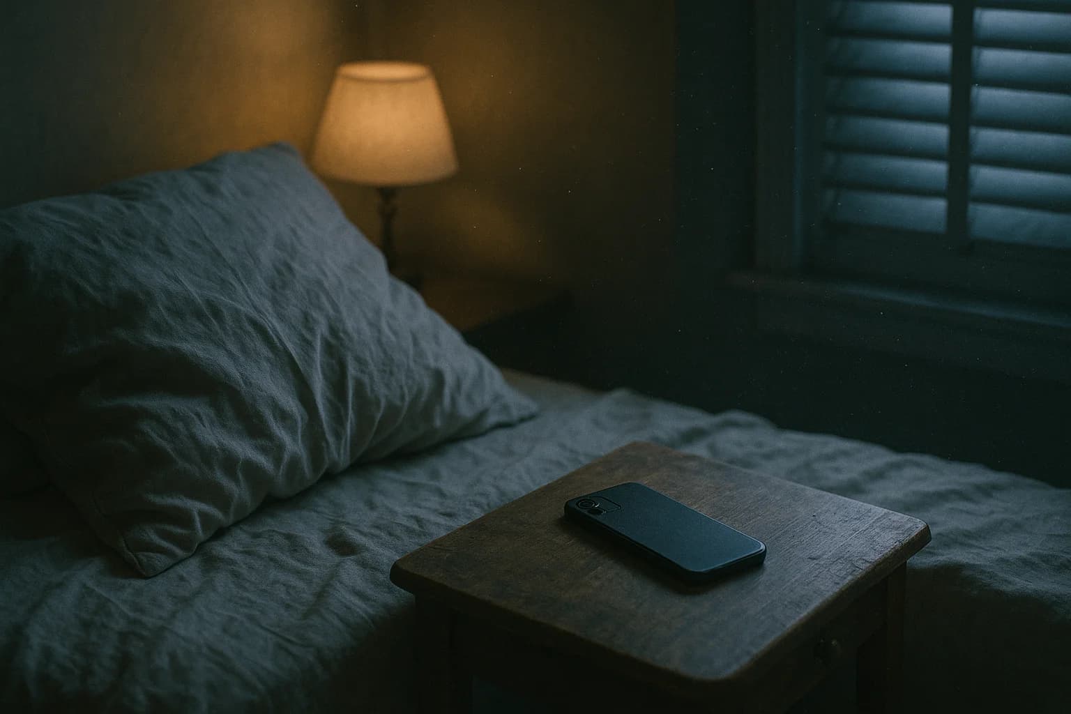 Crumpled pillow and a phone lying face down on a wooden nightstand in thin grey pre-dawn light