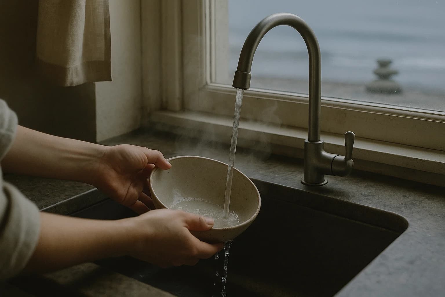 Deux mains rinçant un bol en céramique sous l'eau chaude d'un évier, lumière douce d'une fenêtre, légère vapeur