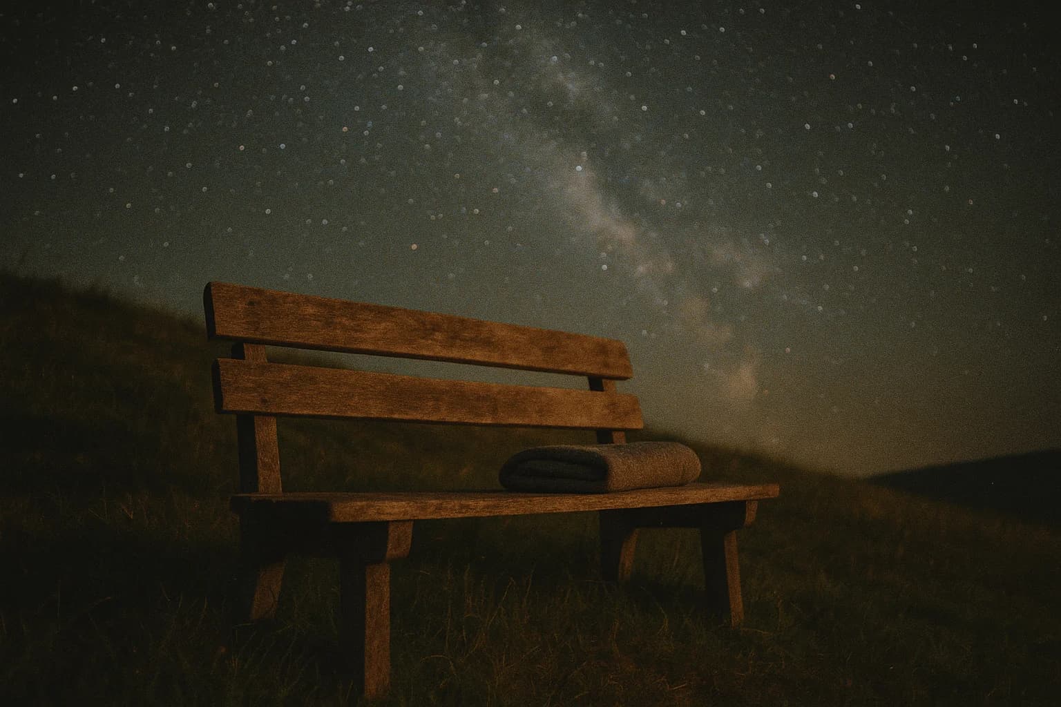 Un banc de bois sur une colline la nuit sous un ciel étoilé, une image d'apaisement quand on est trop dur envers soi-même