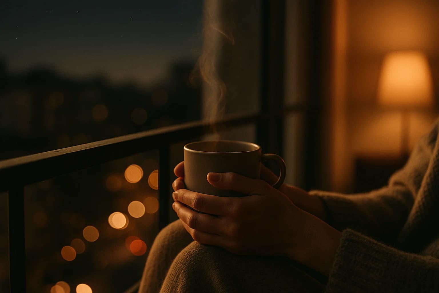 Deux mains autour d'une tasse chaude sur une rambarde de balcon, la nuit, lumières de la ville floues en contrebas