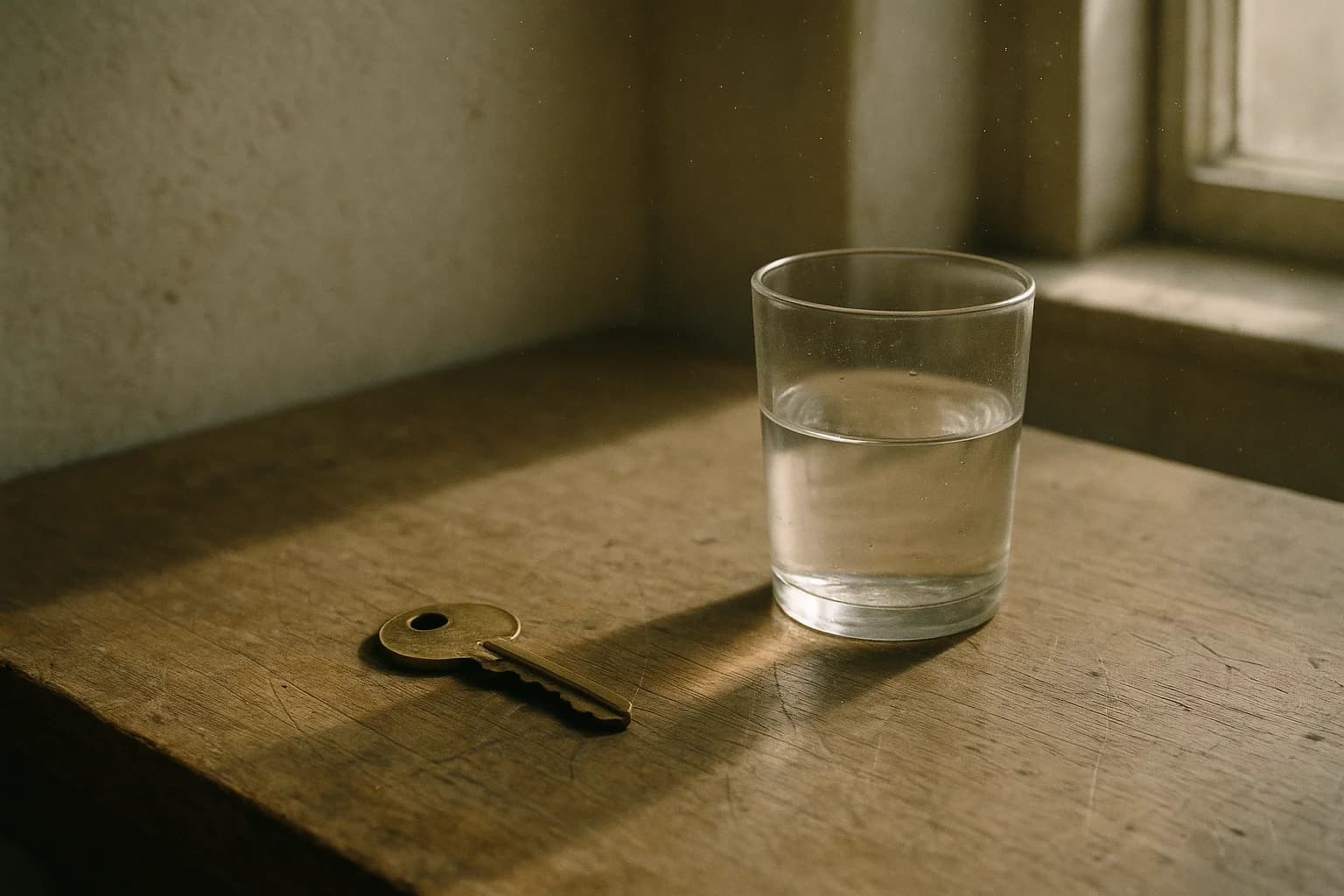 Brass key on a scratched wooden desk beside a glass of water, the support for a five minute concentration exercise