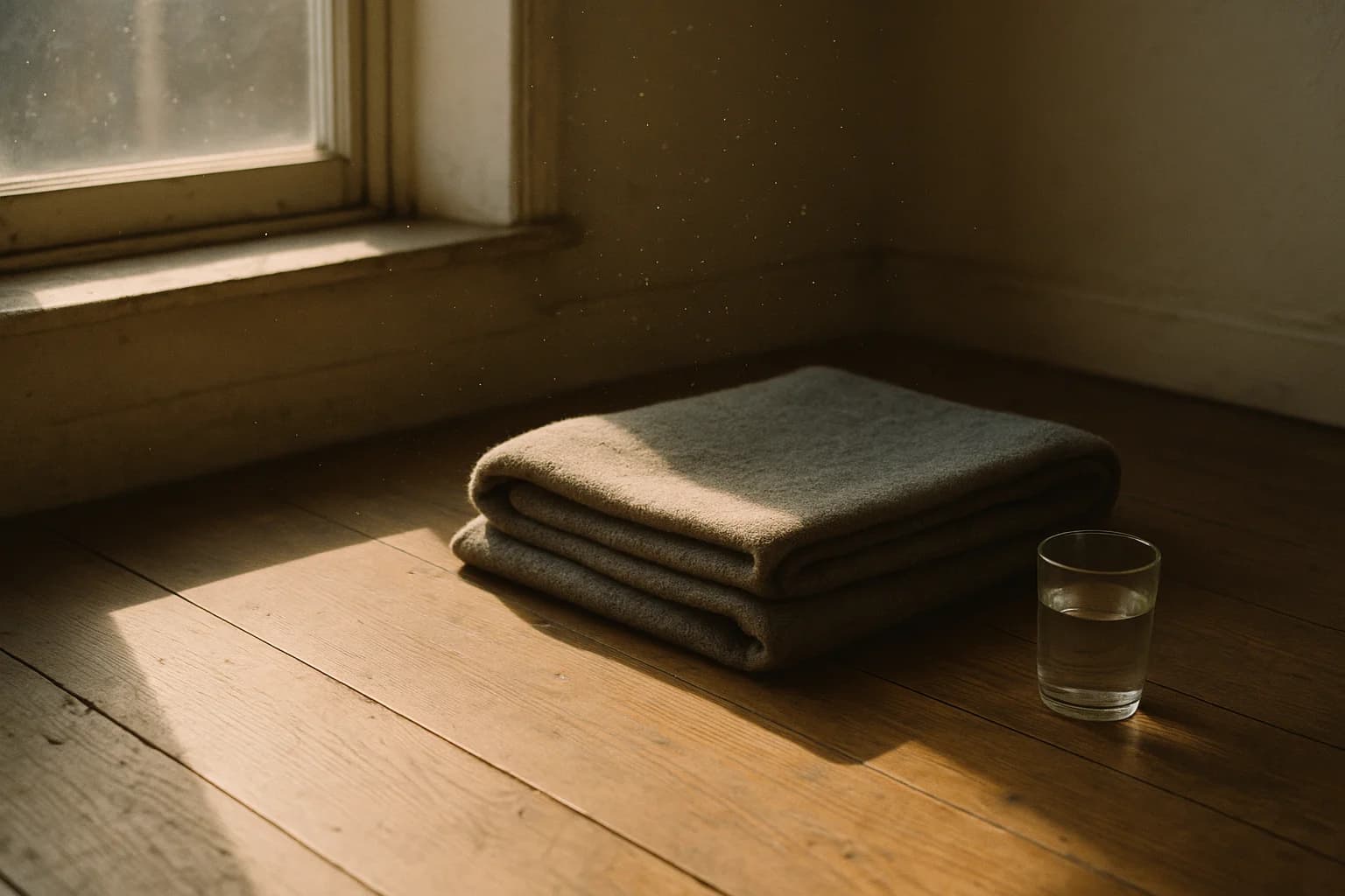 Band of late afternoon light across a folded wool blanket on a wooden floor, a visualization exercise to relax