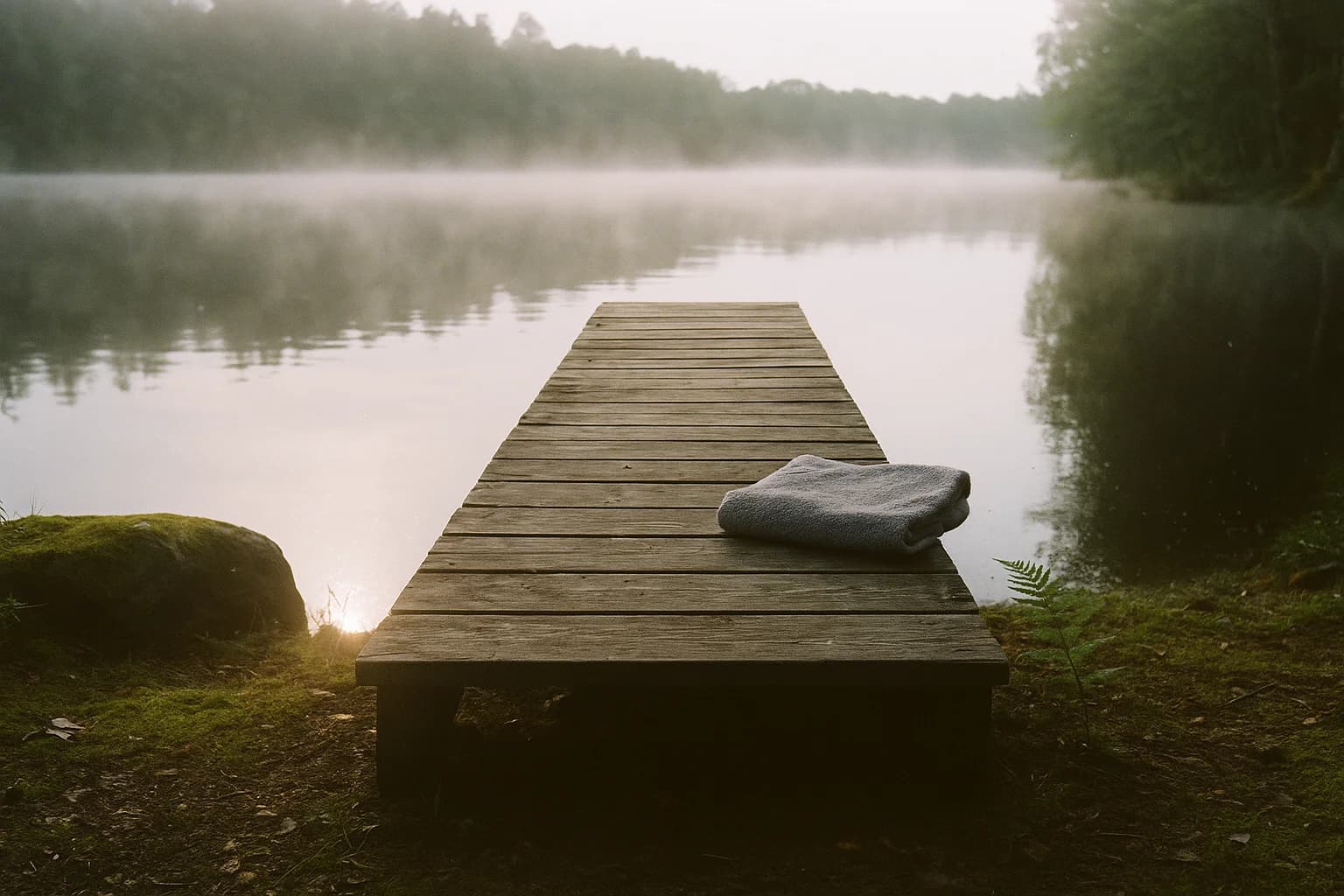 Un ponton de bois usé avançant dans l’eau immobile d’un lac à l’aube, une serviette grise pliée posée sur les planches