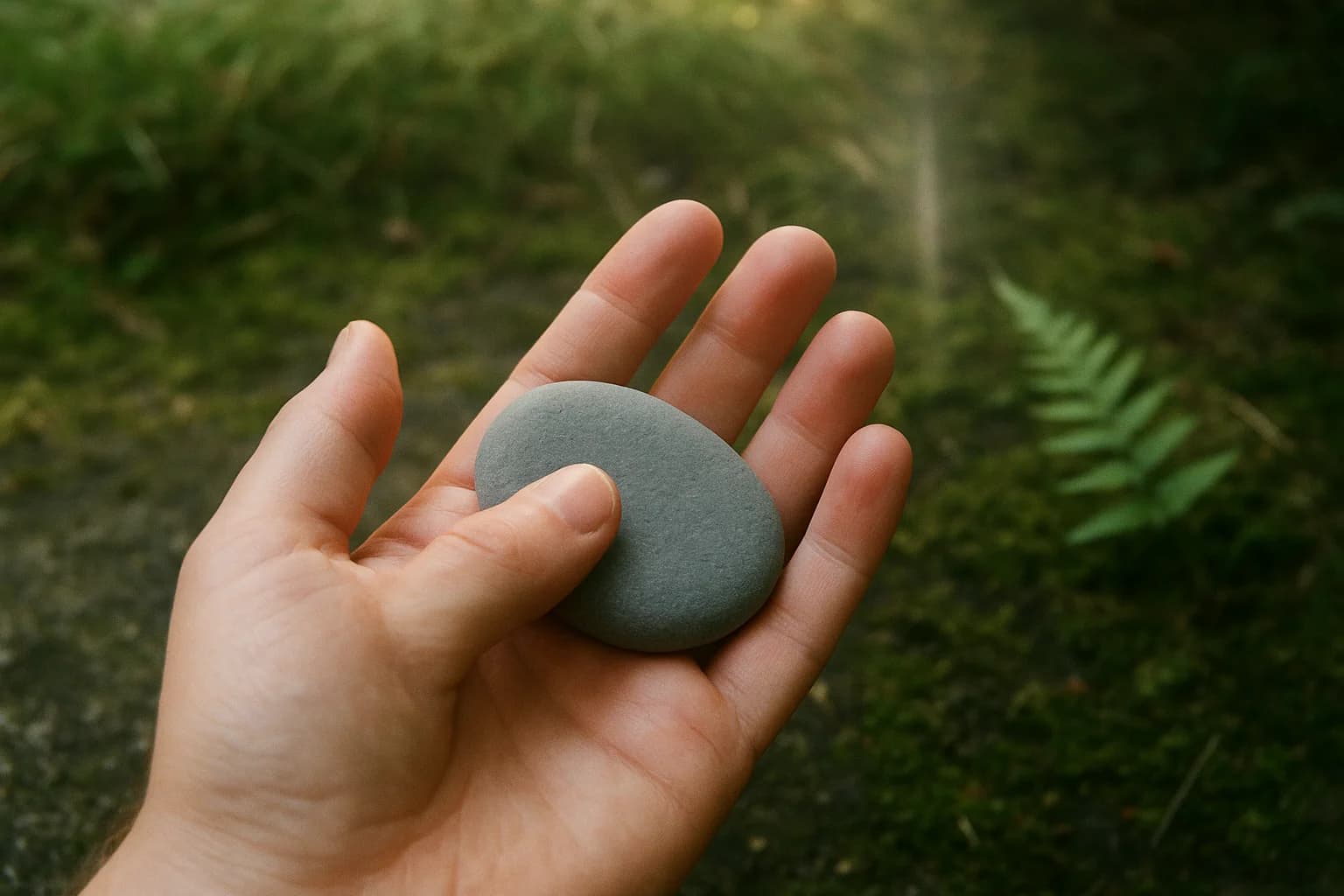 Un galet plat gris posé dans une paume ouverte, le pouce appuyé dessus, de l’herbe floue en arrière-plan