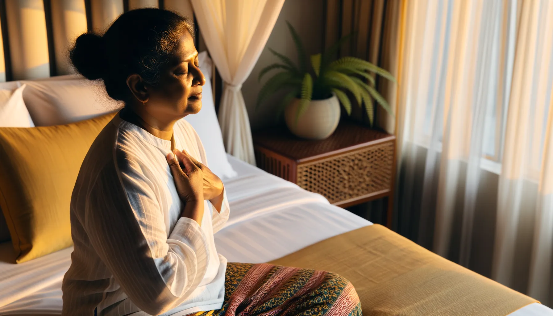 Personne assise en méditation le matin, les yeux fermés, posant une intention de gratitude au lever du soleil