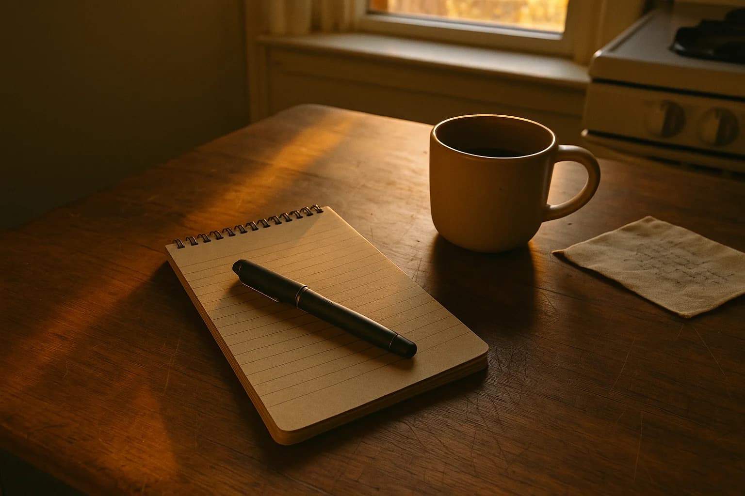 A closed spiral notebook and a capped pen on a wooden kitchen table beside a cold cup of coffee, gratitude when everything is going wrong