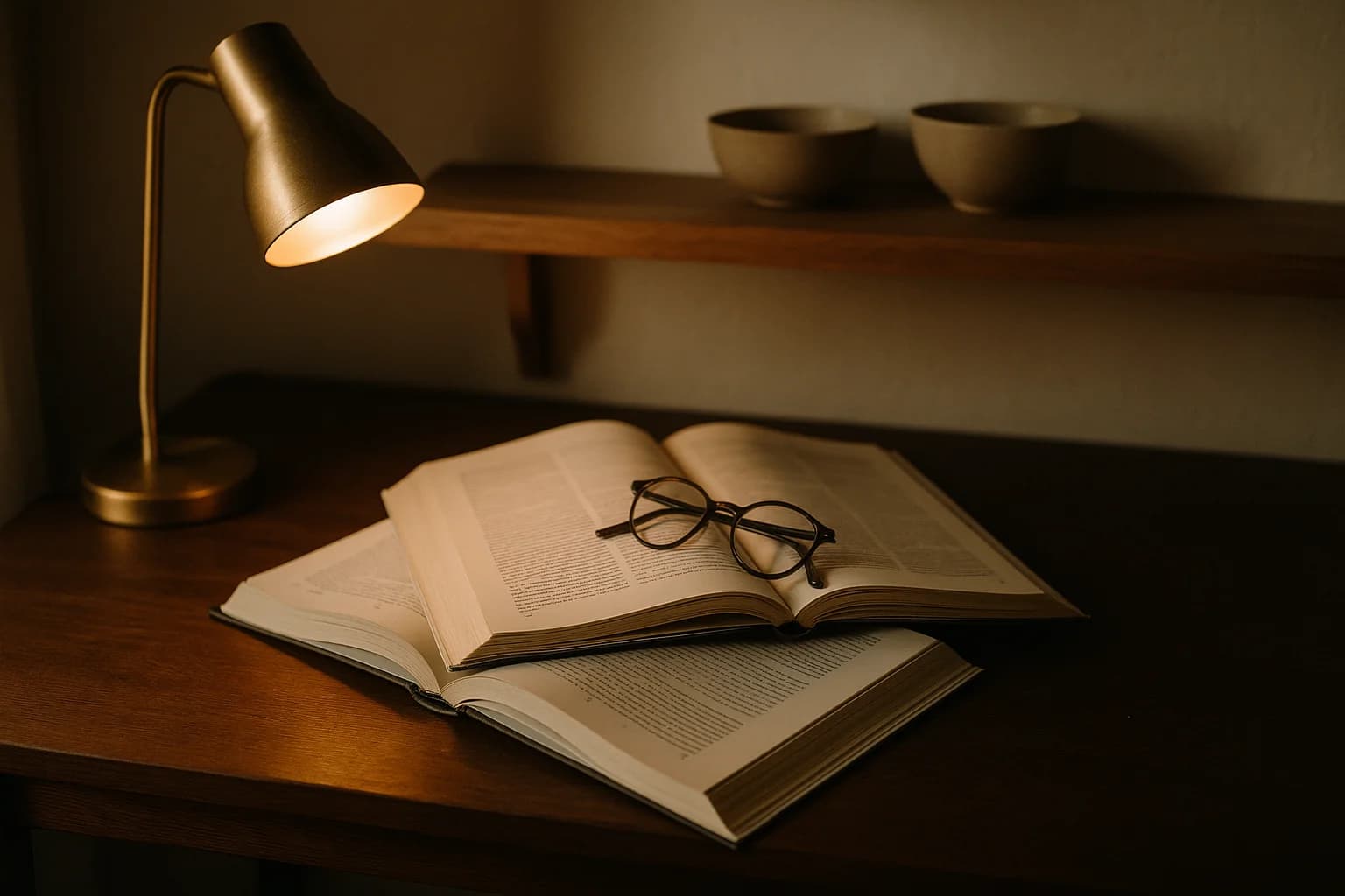 Pile de revues scientifiques ouvertes sur un bureau en bois sombre, lunettes de lecture posées à côté