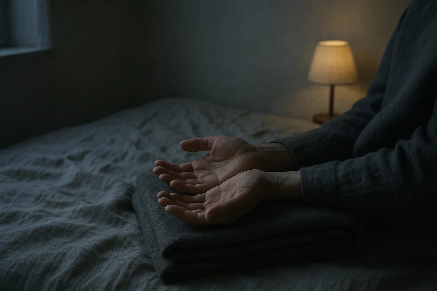 Two open hands resting palms up on a wool blanket, fingers still slightly curled, when you can’t relax