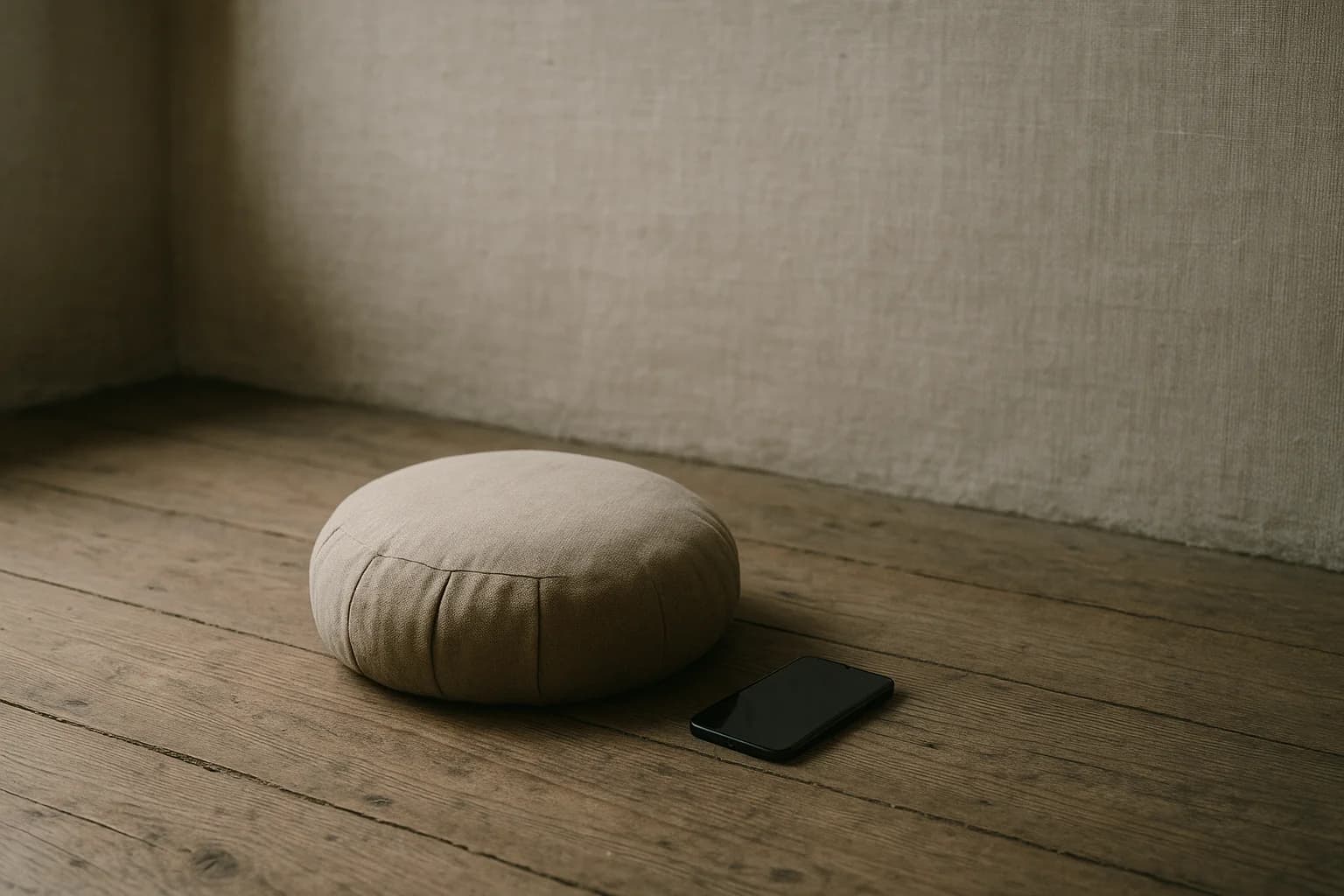 A meditation cushion sitting askew on a wooden floor with a phone face down beside it, for when you can't meditate