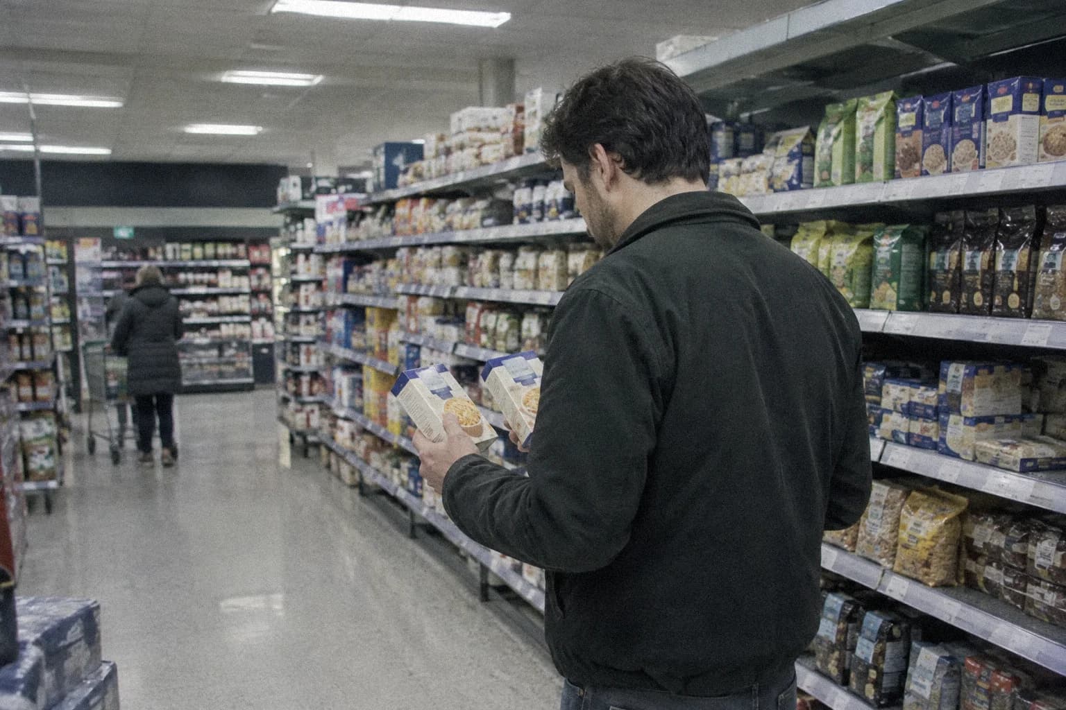 I can’t make a decision: a man standing still in a supermarket aisle in the evening, one identical box in each hand