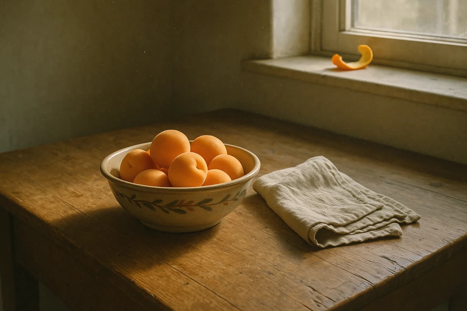 Bowl of ripe apricots and a folded linen tea towel on a worn wooden kitchen table in late morning light