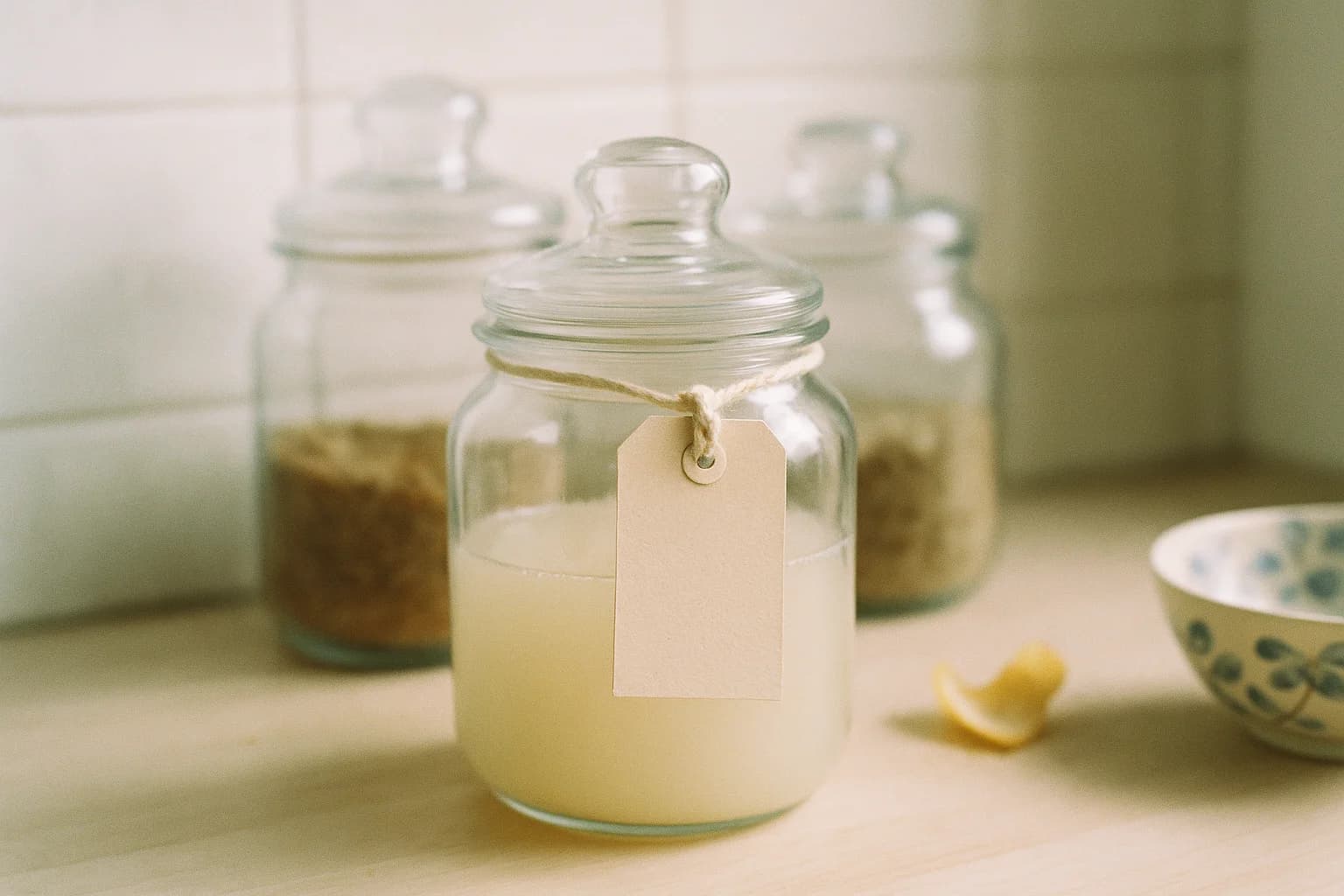 Small paper tag tied with string around the neck of a glass jar on a kitchen shelf
