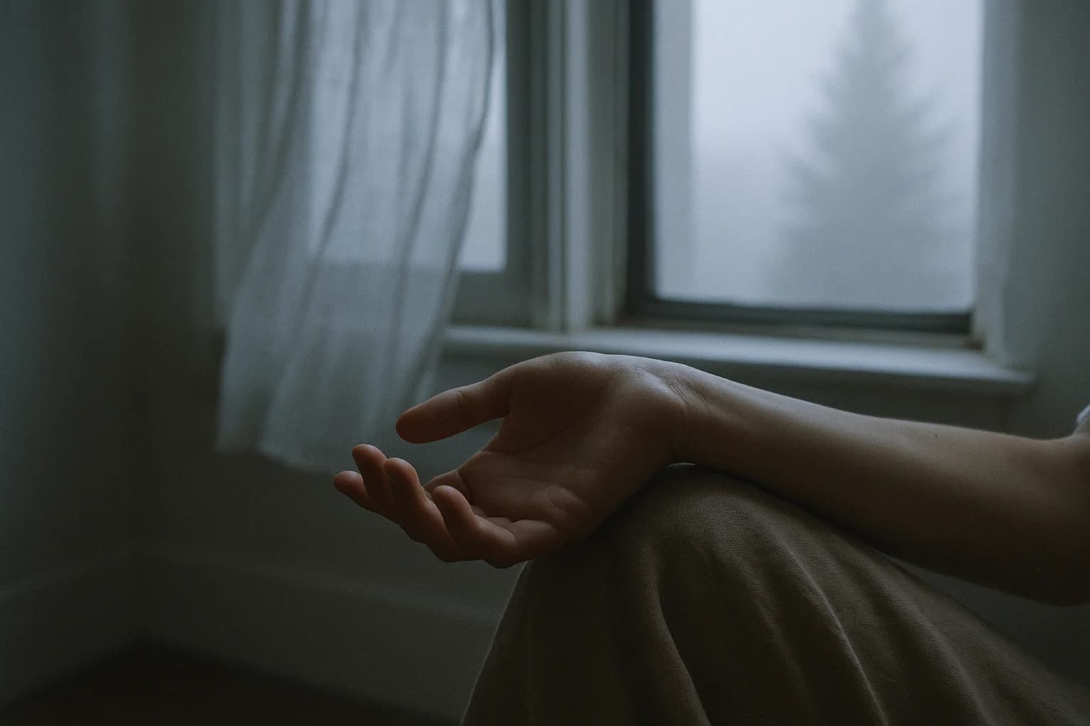 Letting go: an open hand, palm turned upward on a knee, fingers relaxed, in soft late-afternoon light