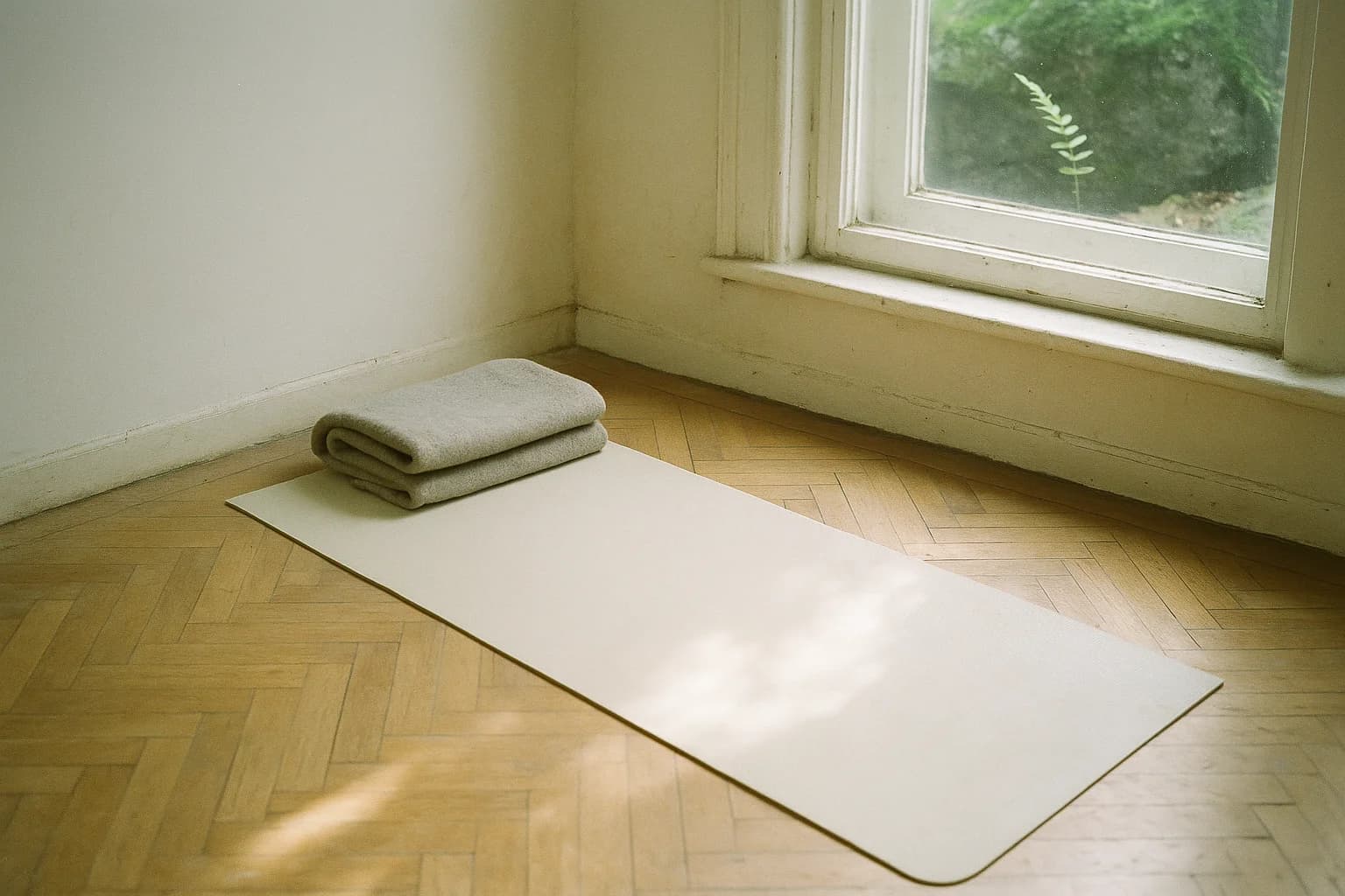 Un tapis fin déroulé sur un parquet nu près d’une fenêtre, prêt pour une méditation allongée