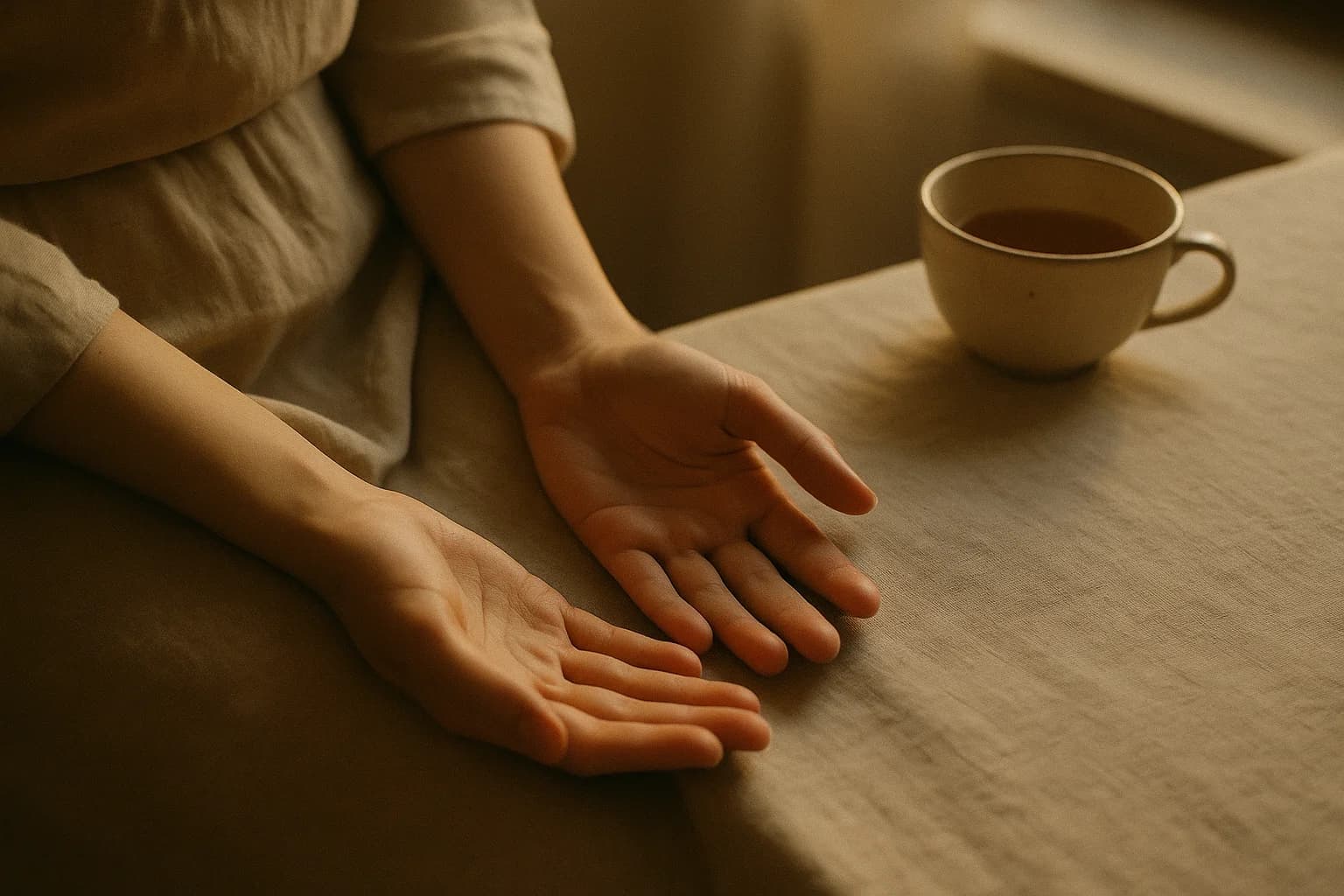 Deux paumes ouvertes posées sur une nappe en lin à côté d’une tasse de thé, lumière douce du matin, méditation du pardon