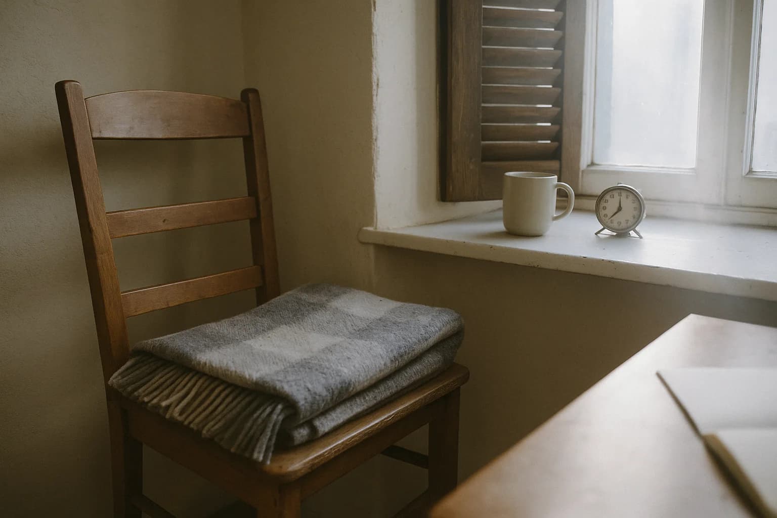 A folded blanket on a wooden chair, a mug and a small clock on the windowsill, for the choice between meditating in the morning or at night