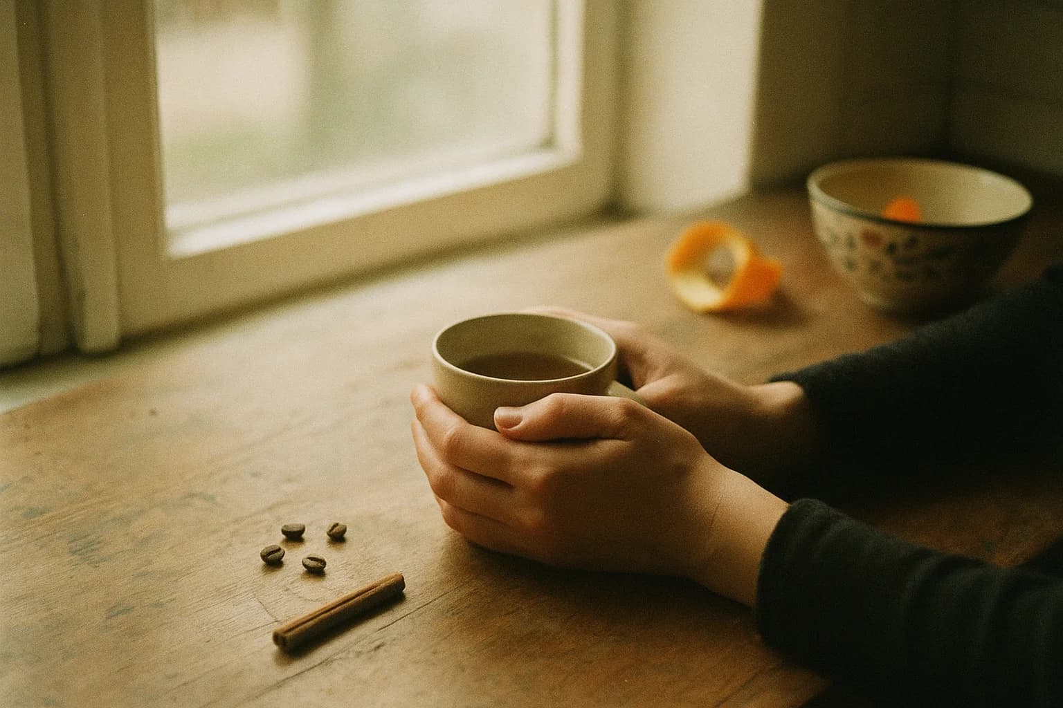 Méthode 5-4-3-2-1 : deux mains autour d’une tasse chaude posée sur une table en bois près d’une fenêtre lumineuse, quelques grains de café à côté