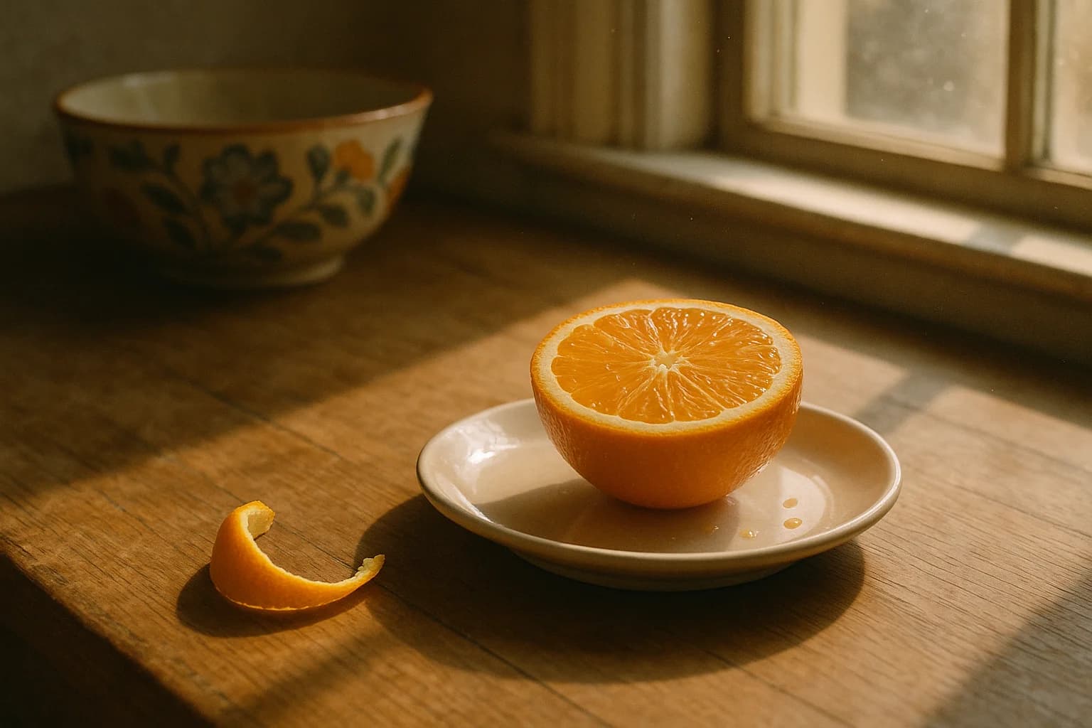Une demi-orange coupée sur une assiette blanche près d’une fenêtre, quelques gouttes de jus accrochant la lumière douce du matin