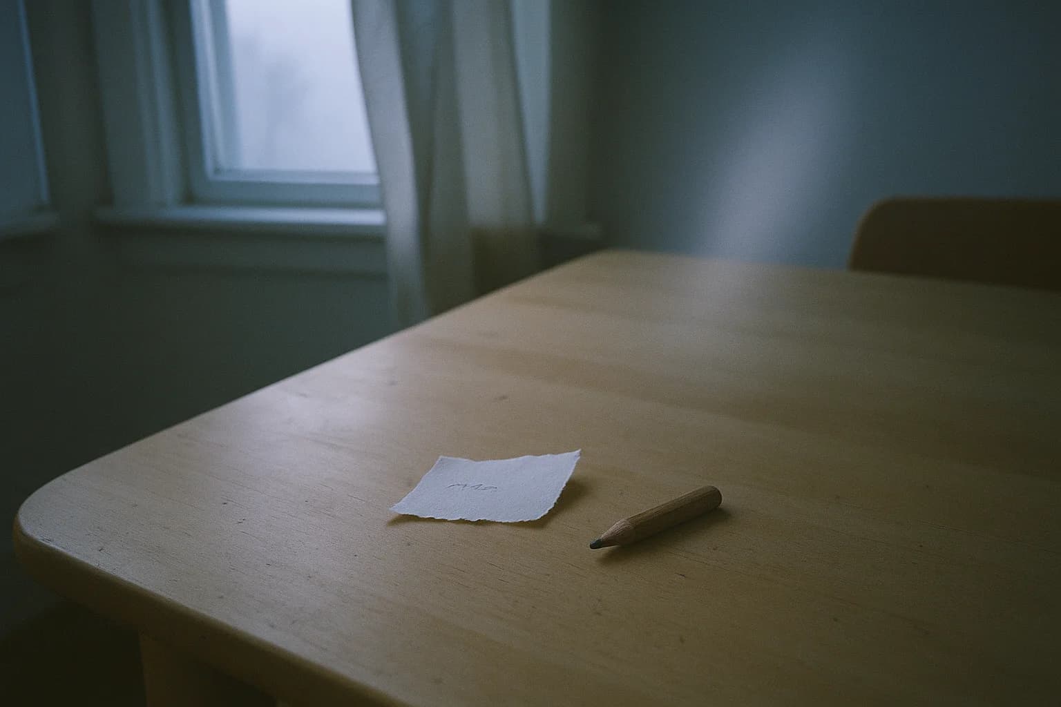 Se détacher de ses pensées : un bout de papier avec un seul mot écrit dessus, et un crayon, sur une table en bois