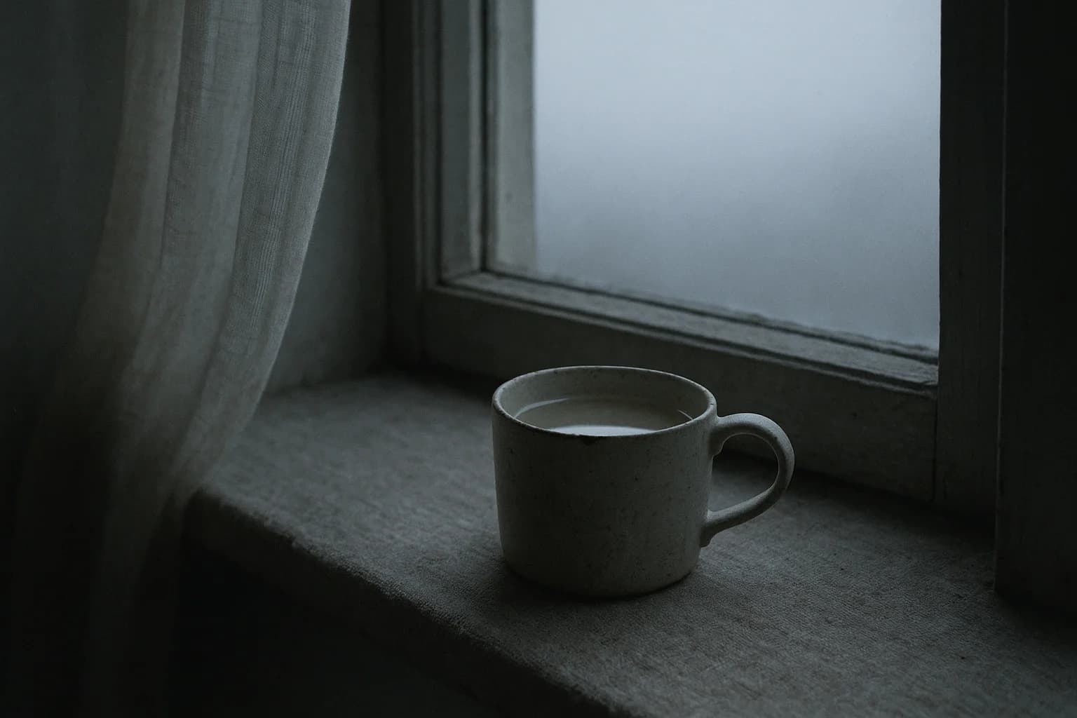 Une tasse refroidie posée sur un rebord de fenêtre, le ciel gris reflété à la surface du liquide