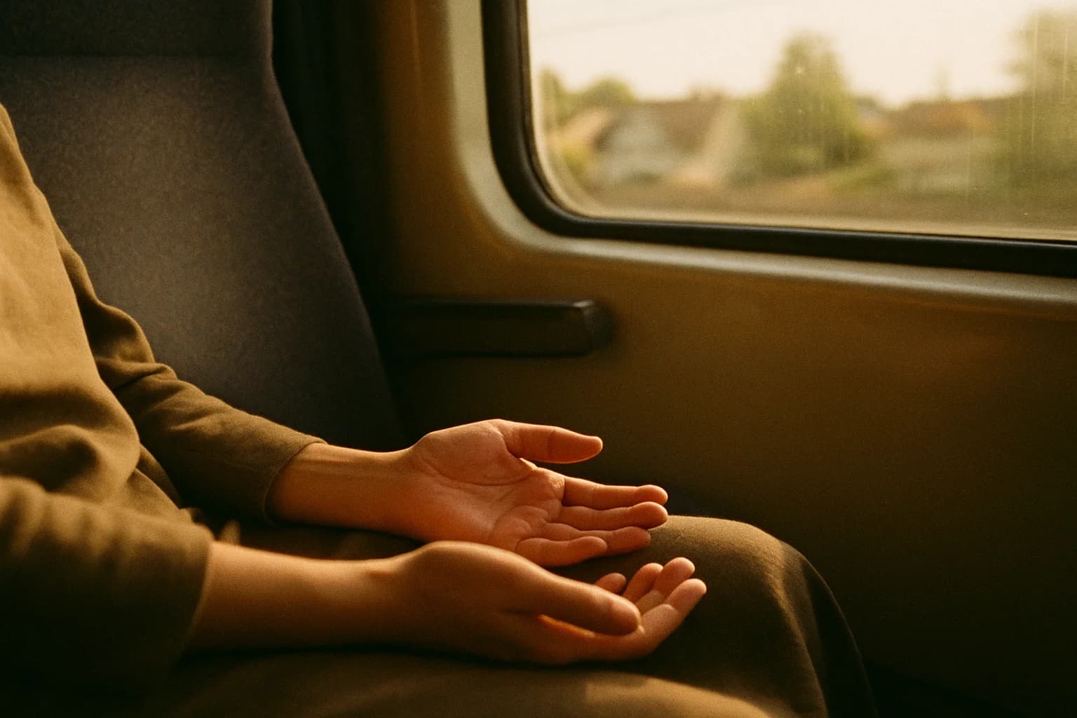 Mains posées sur les genoux dans un siège de train de banlieue, paysage flou derrière la vitre, lumière naturelle du jour
