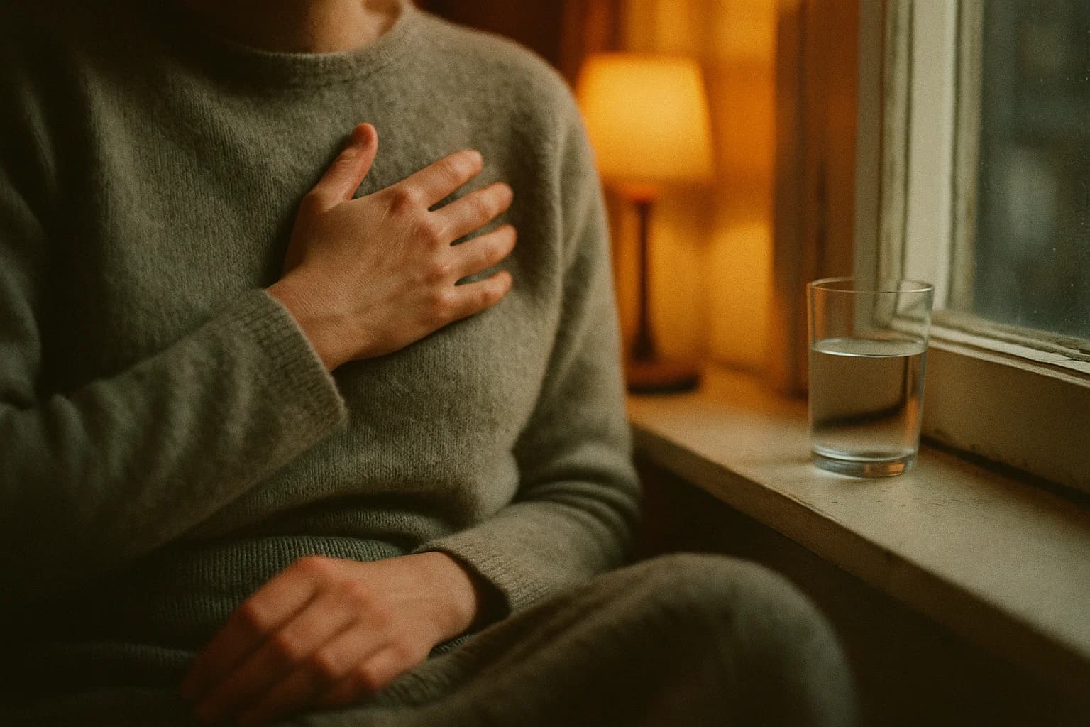 Hand resting flat on the chest over a grey wool sweater, by a window with a lamp on: the gesture of the self-compassion break