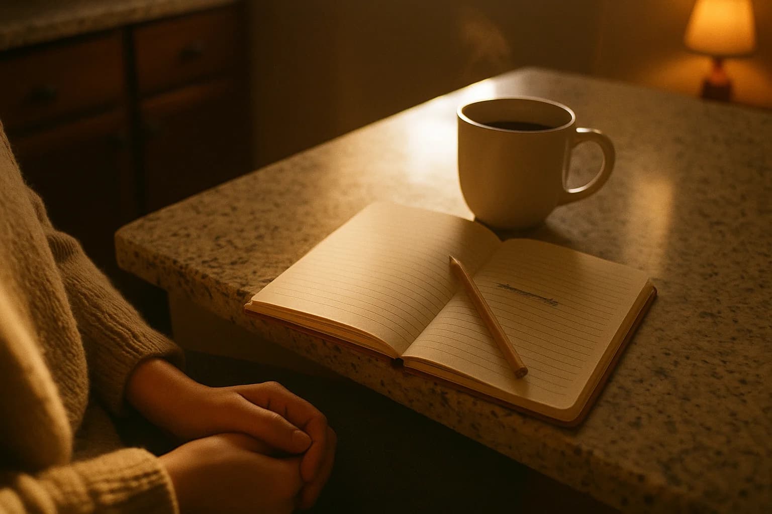 Open notebook on a kitchen counter, one handwritten line crossed out, a pencil lying across it and a cup of coffee nearby