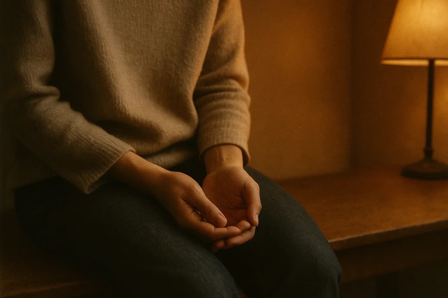 Two hands resting one in the other on the lap, seated on a wooden bench in warm lamplight