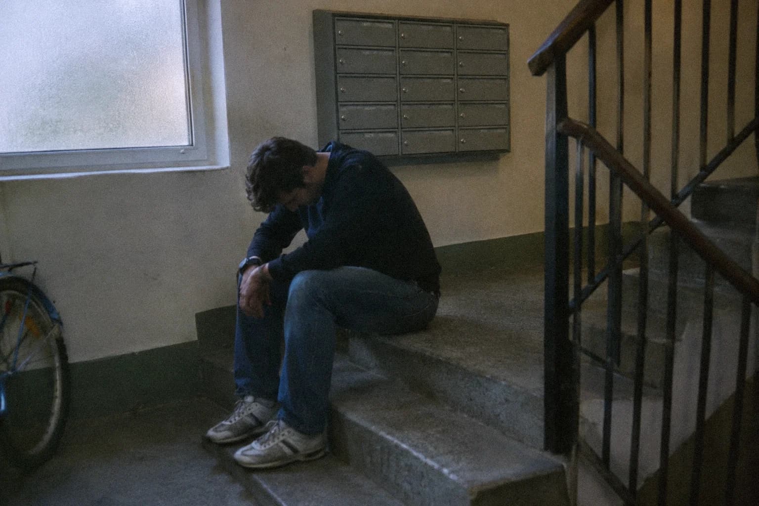 Why do I feel ashamed of myself: a man sitting alone on the concrete steps of an apartment stairwell, elbows on his knees, head lowered toward the steps