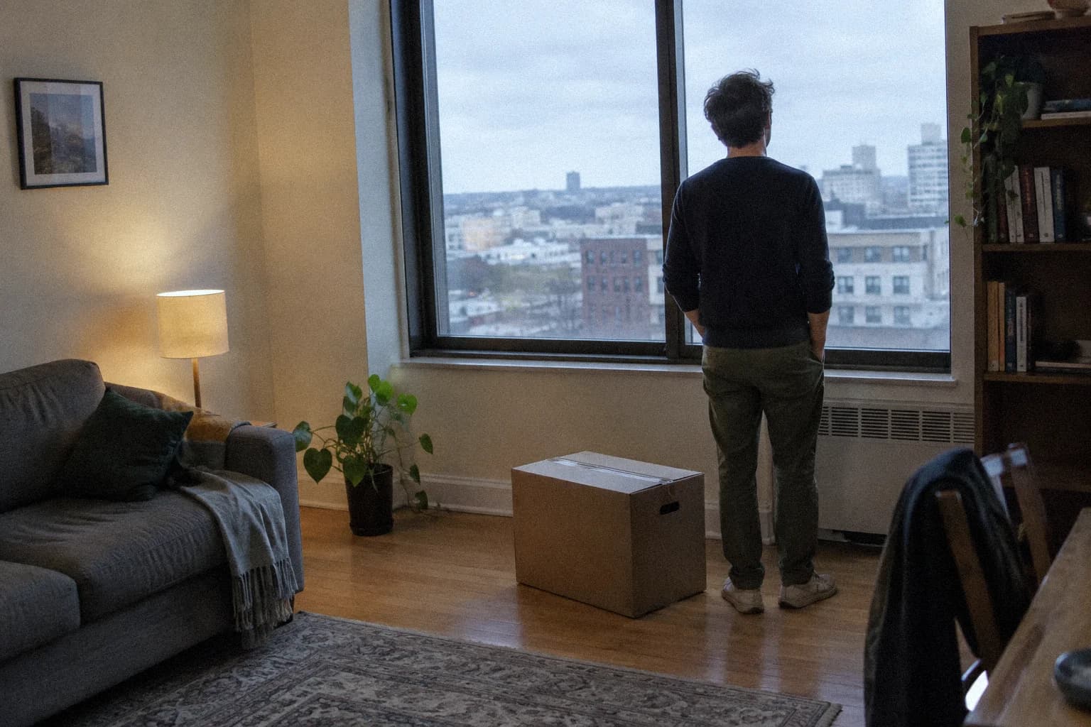 A man standing in his living room in the evening, an unopened cardboard moving box at his feet, looking out of the window