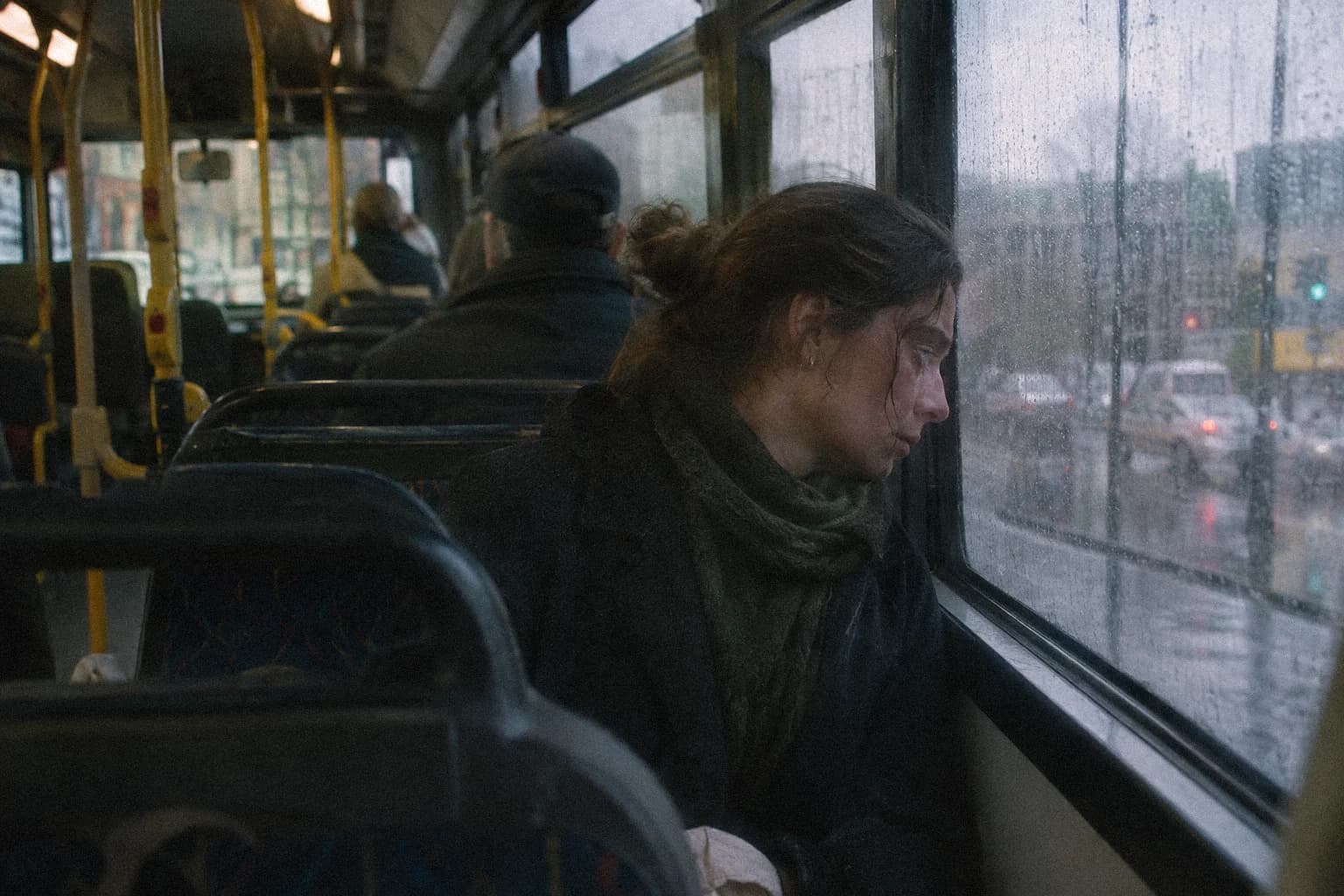 A woman sitting alone on a bus in the rain, eyes lowered beside the streaked window, blurred passengers behind her