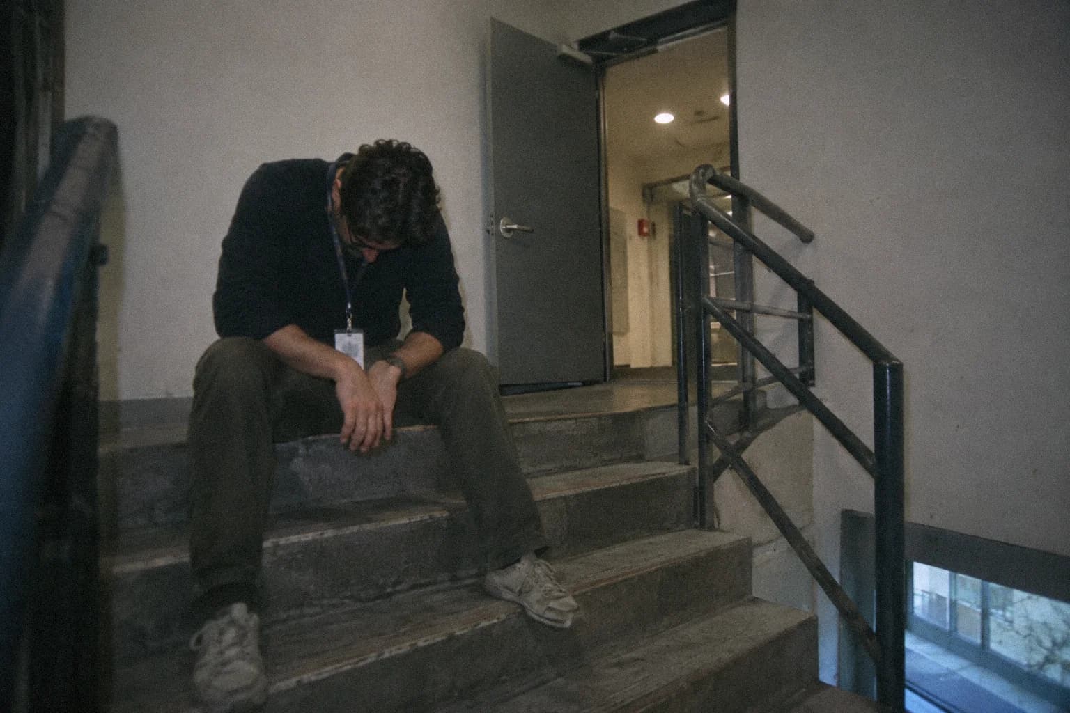A man alone in an office stairwell, sitting on a concrete step, elbows on his knees, head lowered