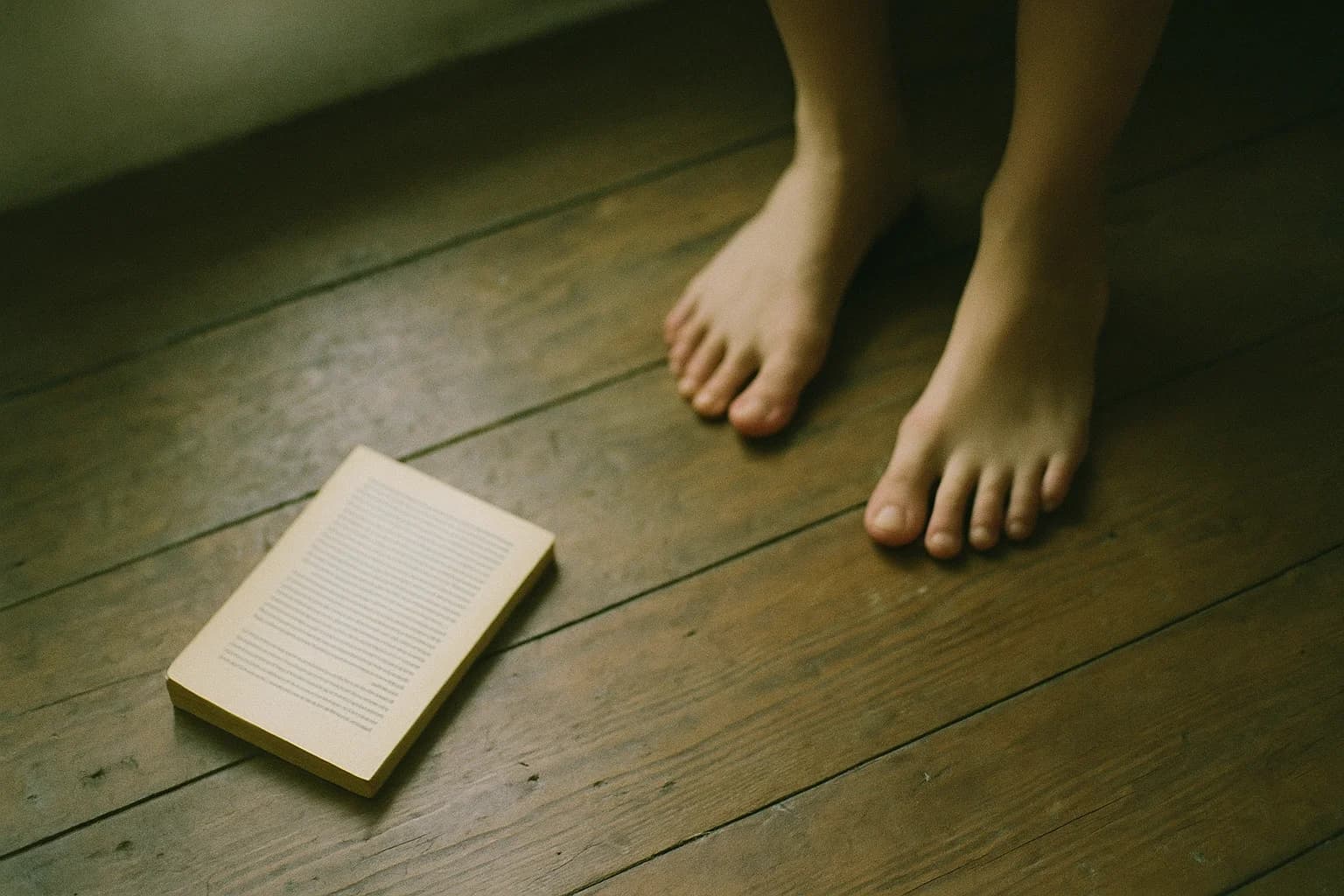 Two bare feet flat on a worn wooden floor next to an open paperback lying on the boards, seen from above: detaching from your thoughts starts with contact