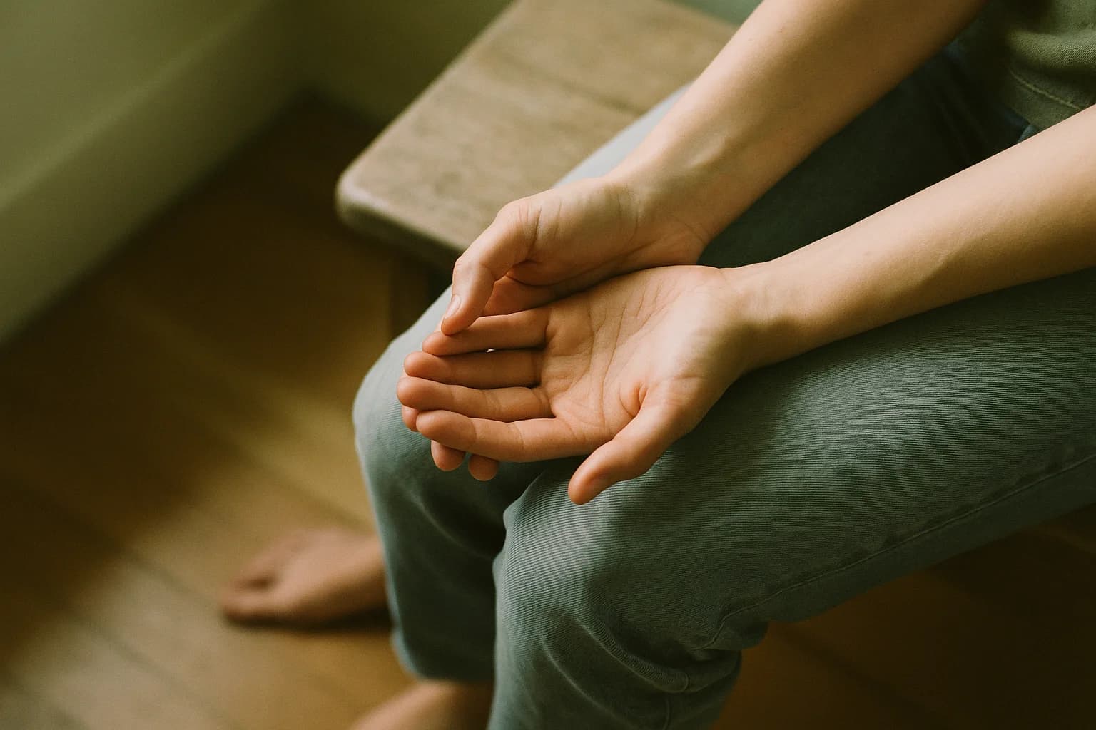 Two hands resting one over the other on a knee, one palm open upwards, at home near a window