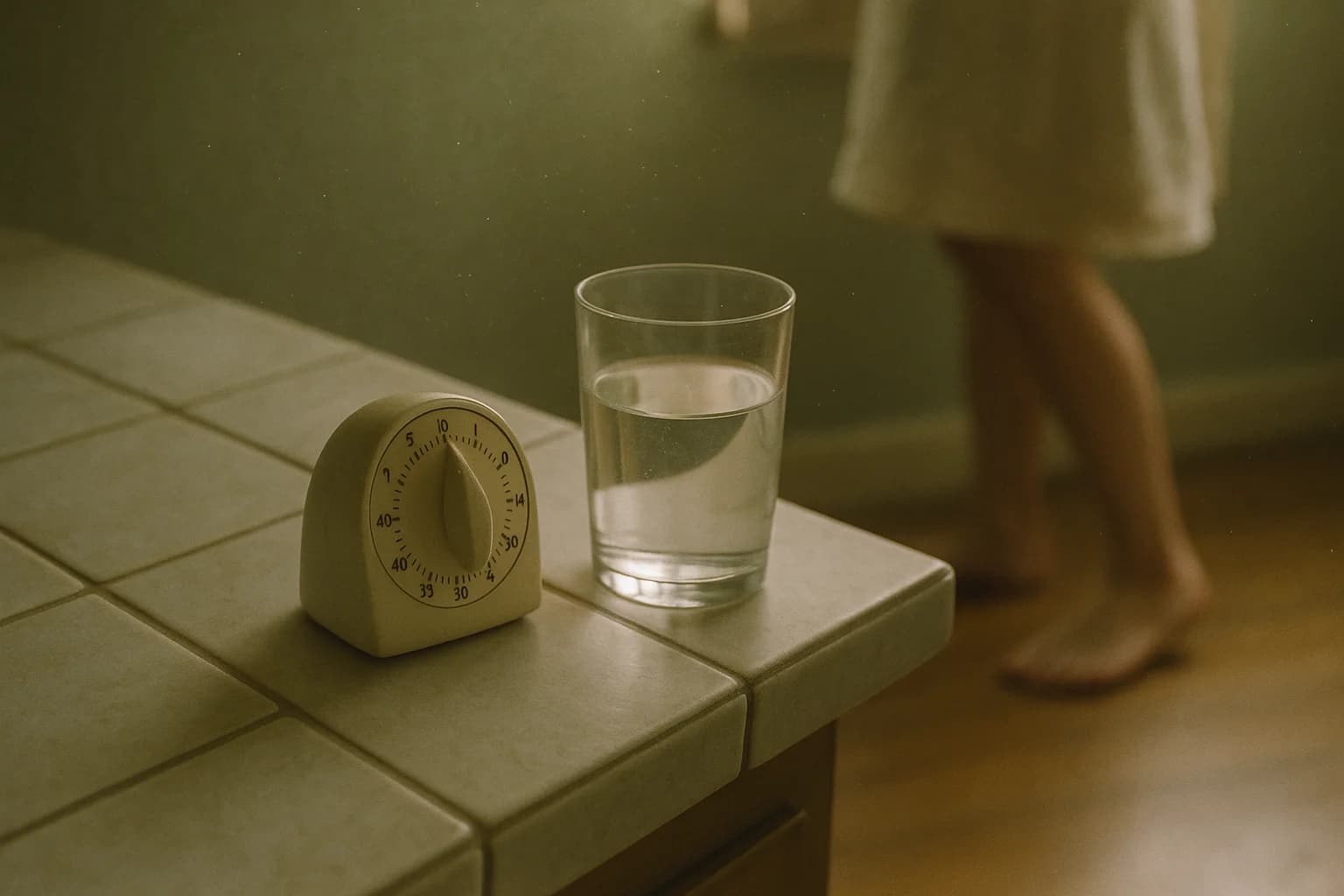 A mechanical kitchen timer on a tiled counter next to a glass of water