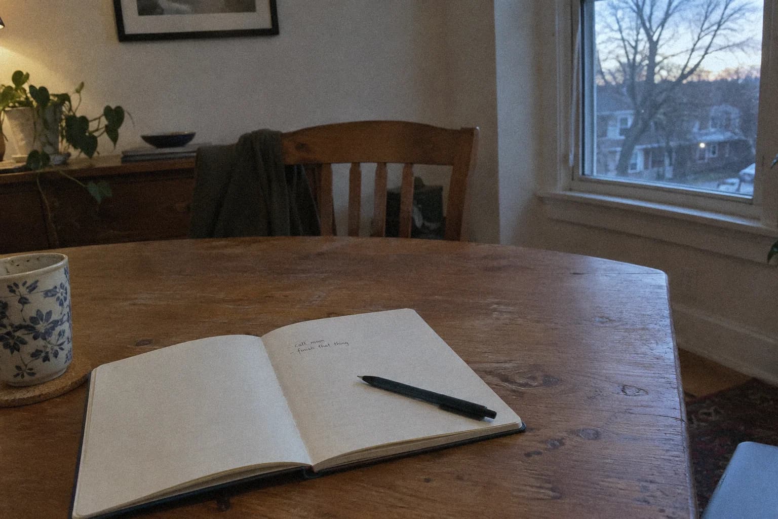 An open notebook and a pen on a dining table, two handwritten lines on the page, an empty chair behind it