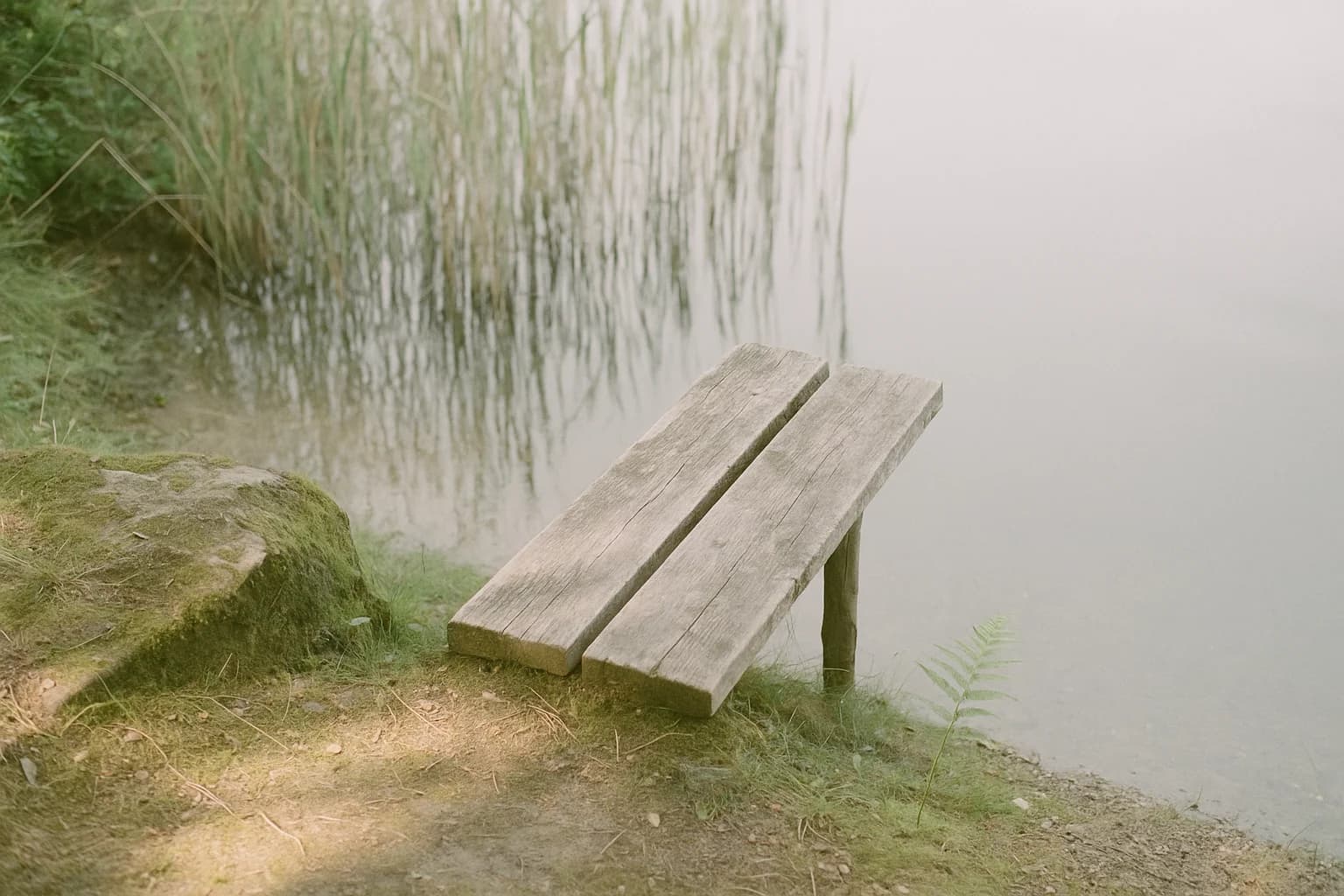 Vieux ponton de bois gris au bord d'une eau calme et de roseaux, dans une lumière brumeuse de fin de journée