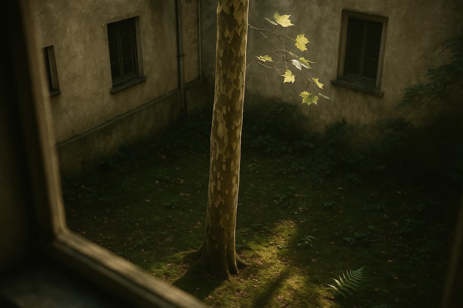 Platane à l'écorce tachetée dans une cour d'immeuble étroite, vu d'une fenêtre, lumière de fin d'après-midi sur quelques feuilles