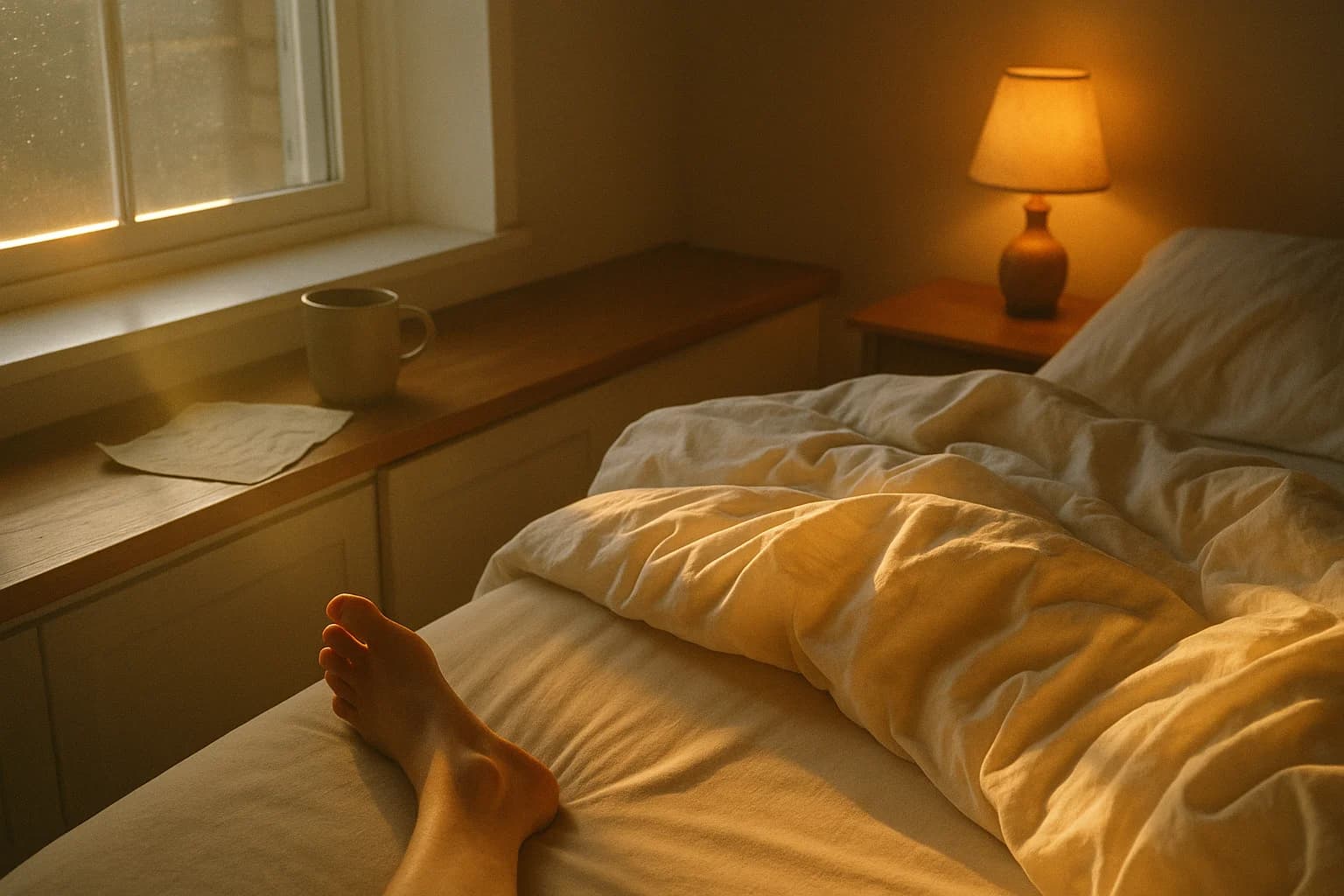 Bedroom lit by a bedside lamp, rumpled duvet and a bare foot resting on the sheet, late evening light