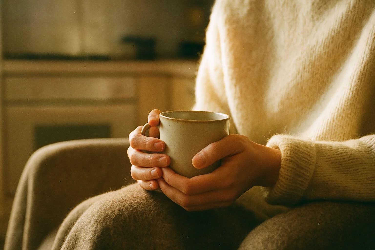 How to talk to yourself with kindness: two hands closed around a warm mug held against a wool sweater, blurred kitchen behind