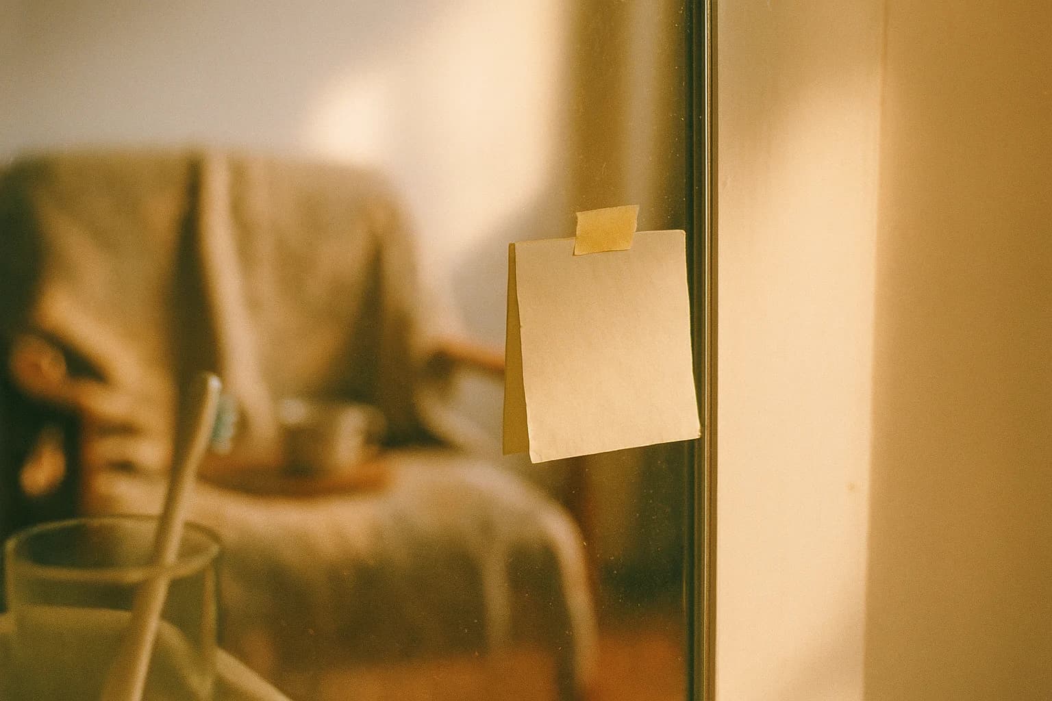 A small blank paper note taped to the edge of a bathroom mirror, toothbrush glass out of focus in the foreground