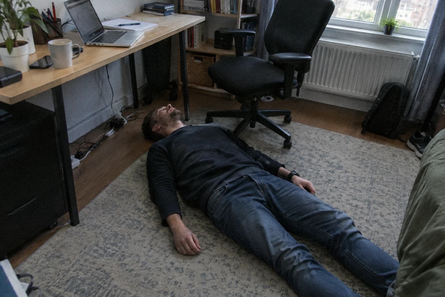 A man lying flat on his back on the rug of a small home office, arms loose at his sides, the laptop still open on the desk above him