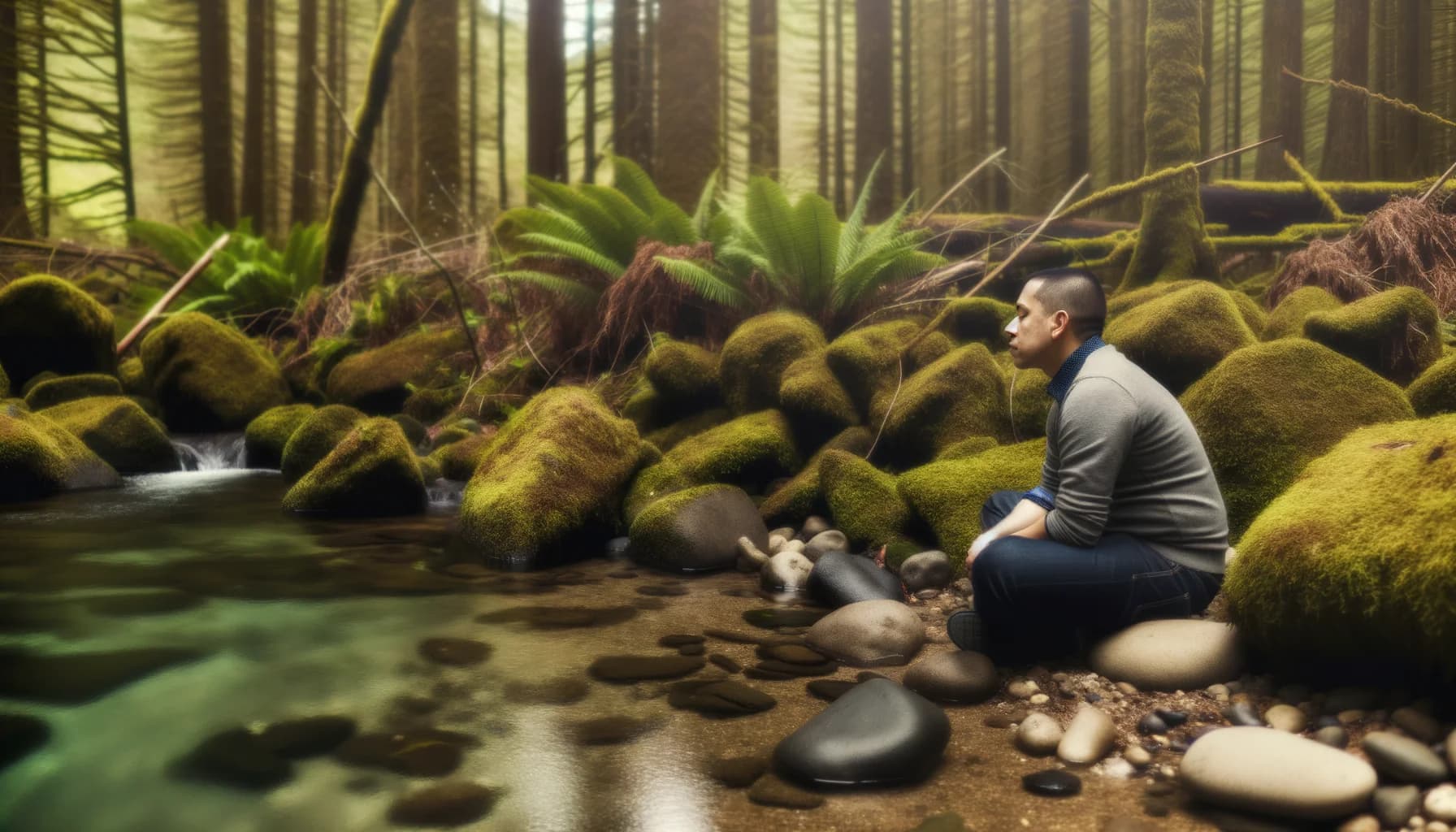 Personne assise au bord d’un ruisseau en forêt, les yeux fermés, contemplant l’eau qui s’écoule pour cultiver la sérénité intérieure